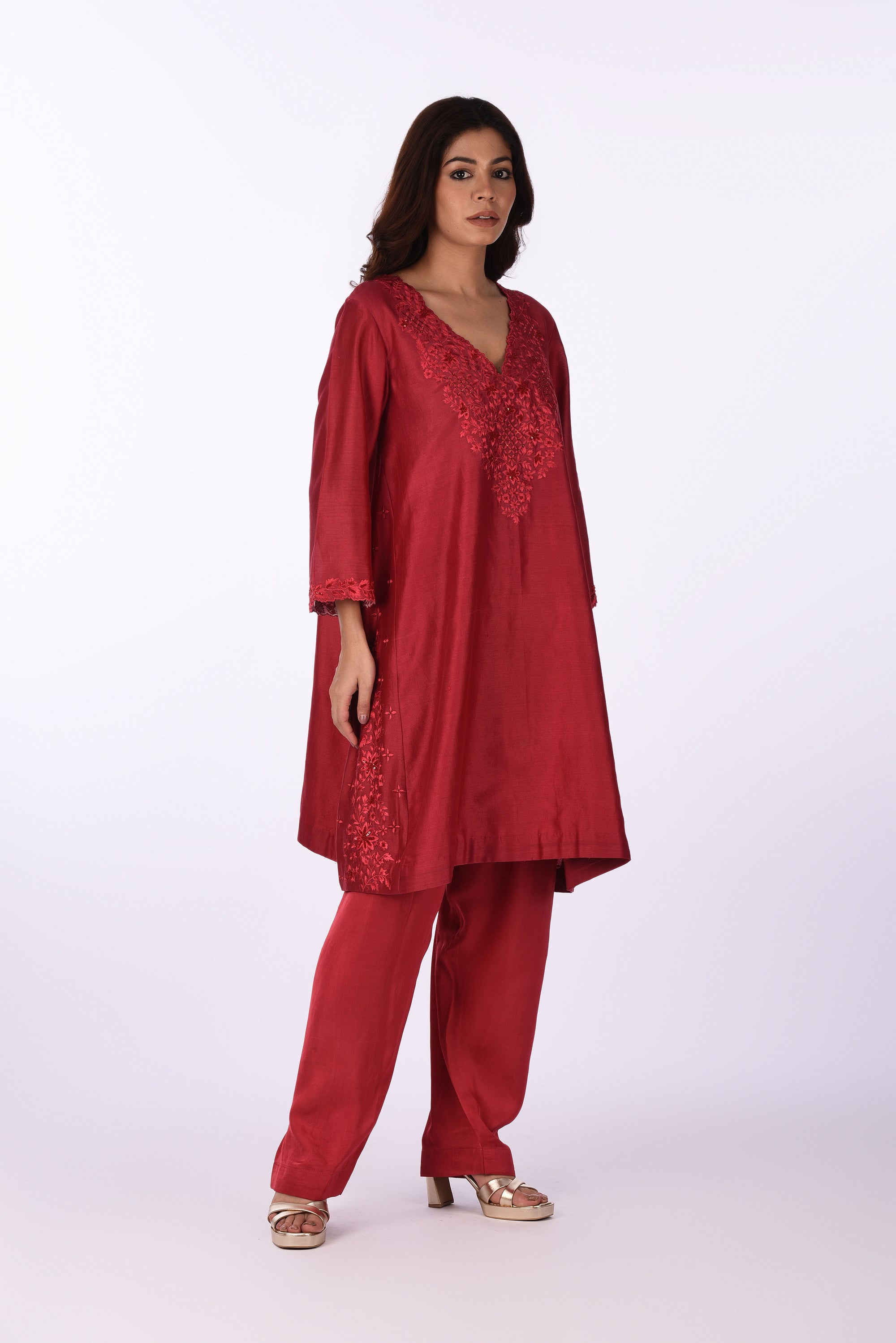 Cherry Red Straight Kurta Set with Tonal Embroidery