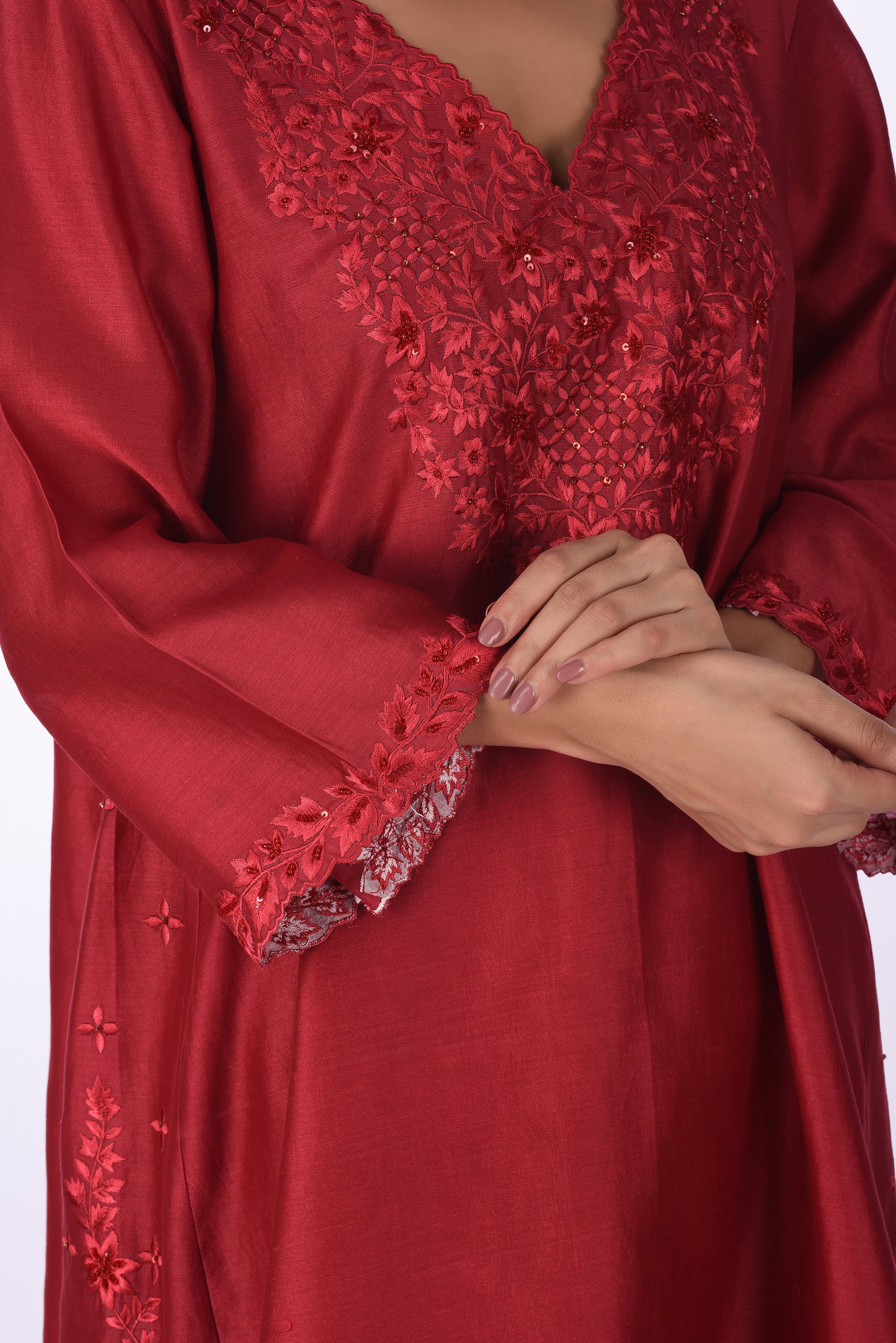 Cherry Red Straight Kurta Set with Tonal Embroidery
