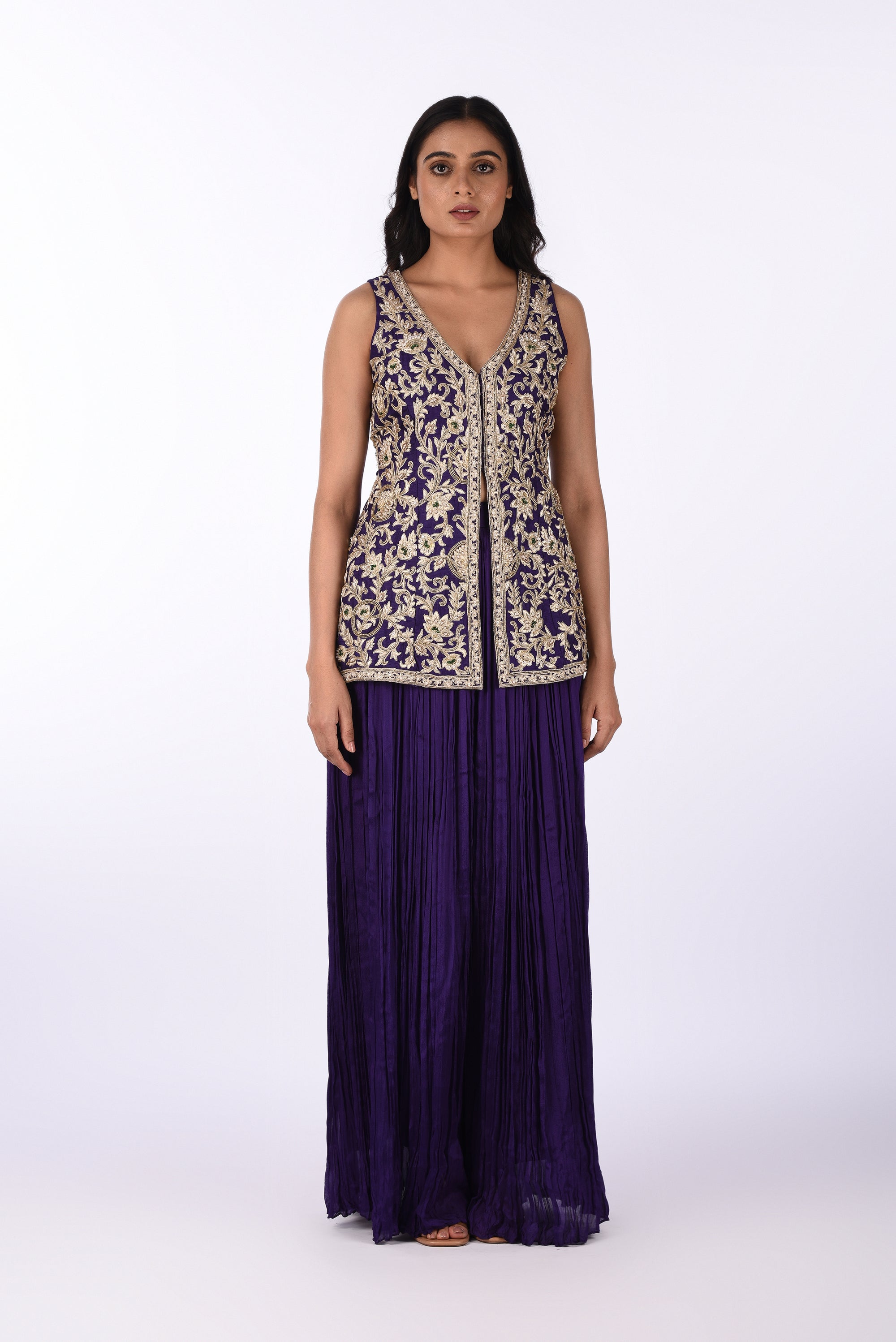 Royal Purple Sleeveless Embroidered Jacket with Pleated Palazzo Set