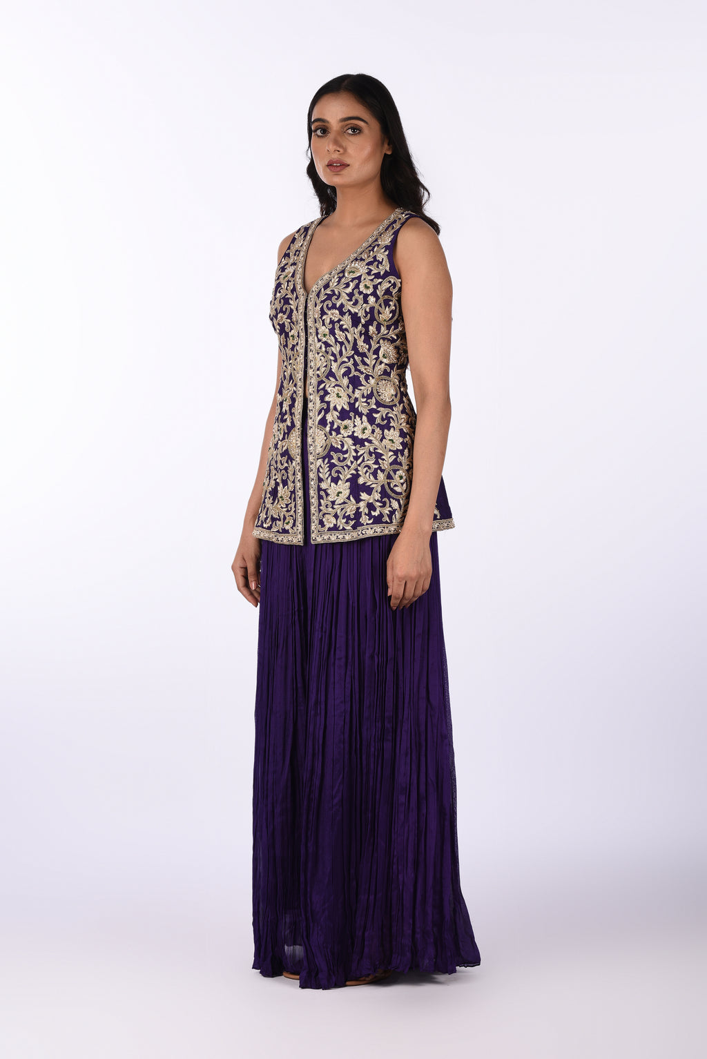 Royal Purple Sleeveless Embroidered Jacket with Pleated Palazzo Set