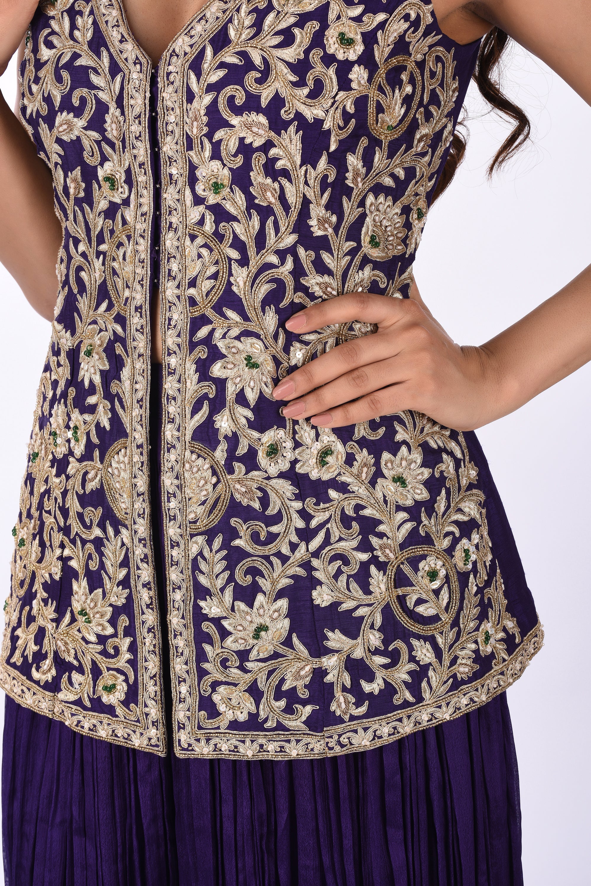 Royal Purple Sleeveless Embroidered Jacket with Pleated Palazzo Set