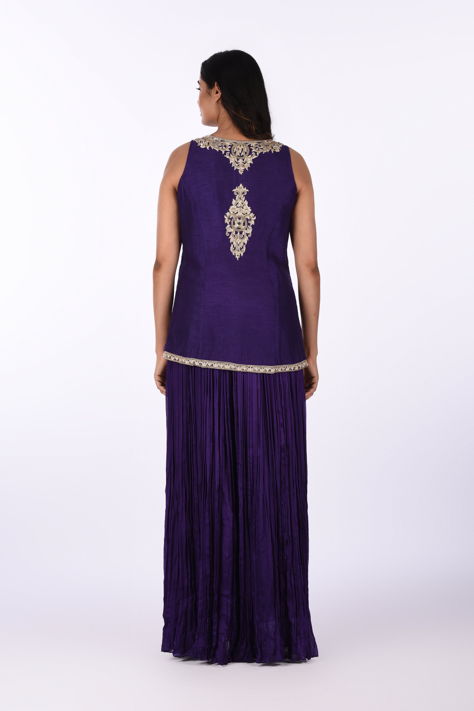 Royal Purple Sleeveless Embroidered Jacket with Pleated Palazzo Set
