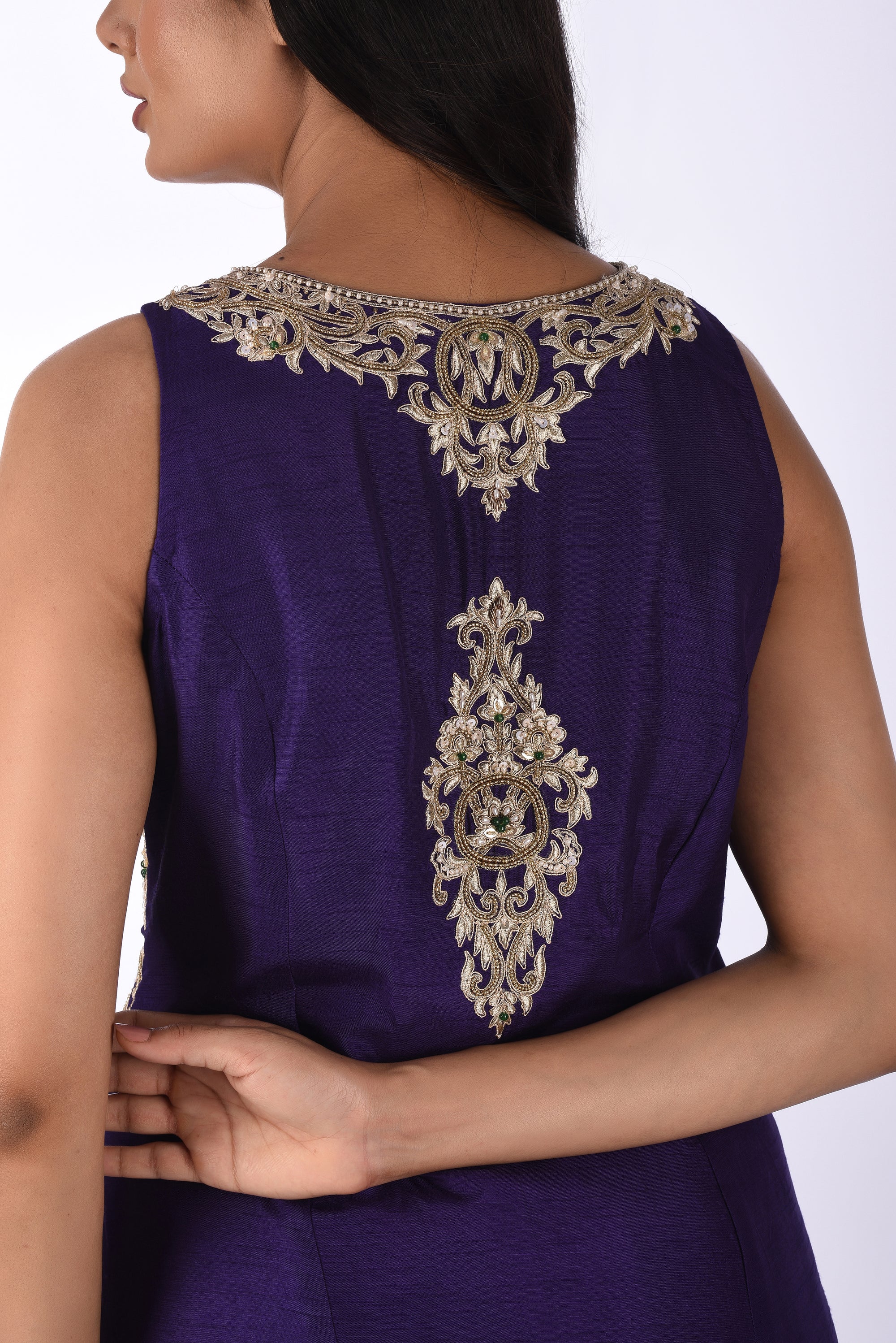 Royal Purple Sleeveless Embroidered Jacket with Pleated Palazzo Set