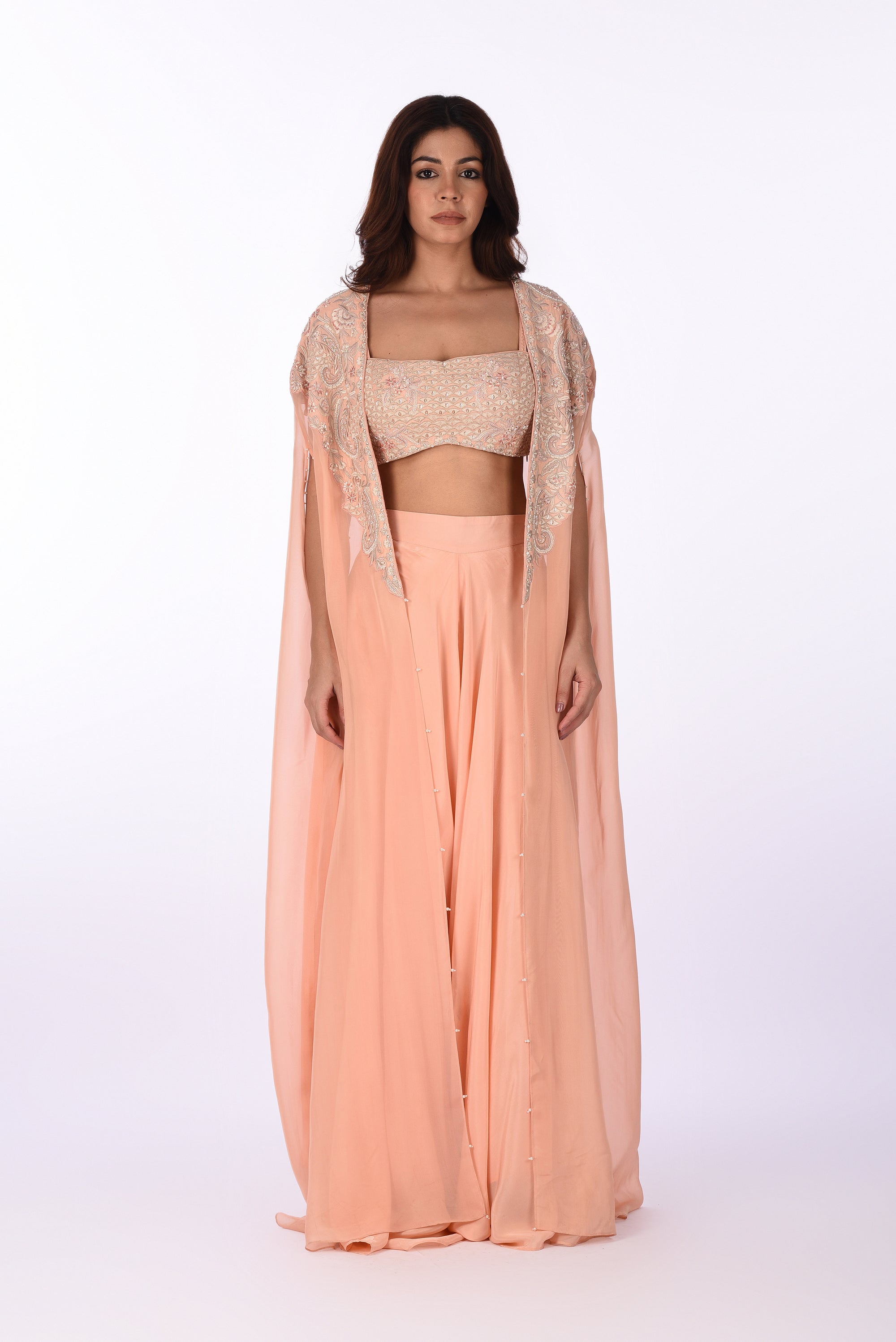 Peach Embellished Crop Top Skirt Set