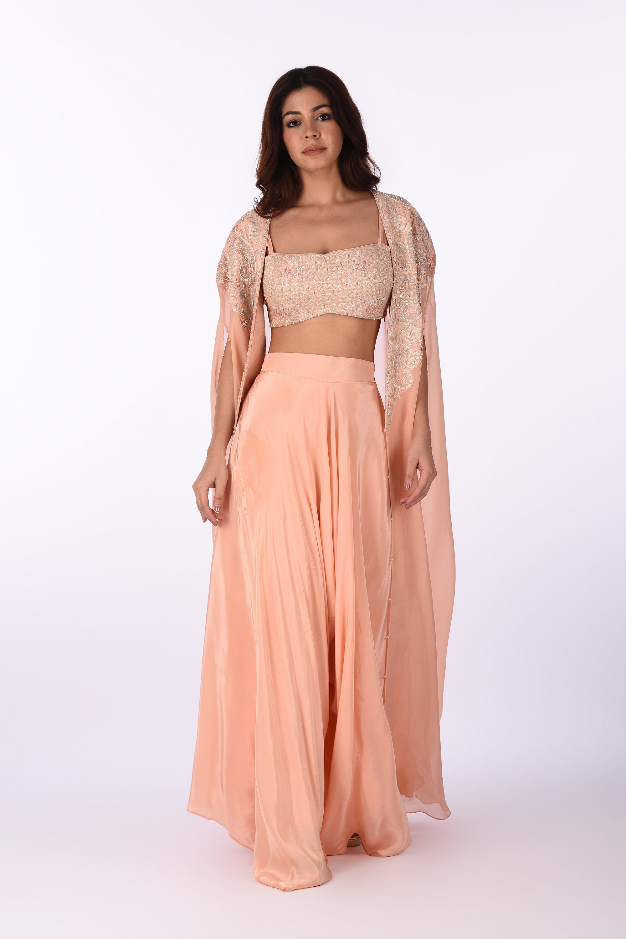 Peach Embellished Crop Top Skirt Set