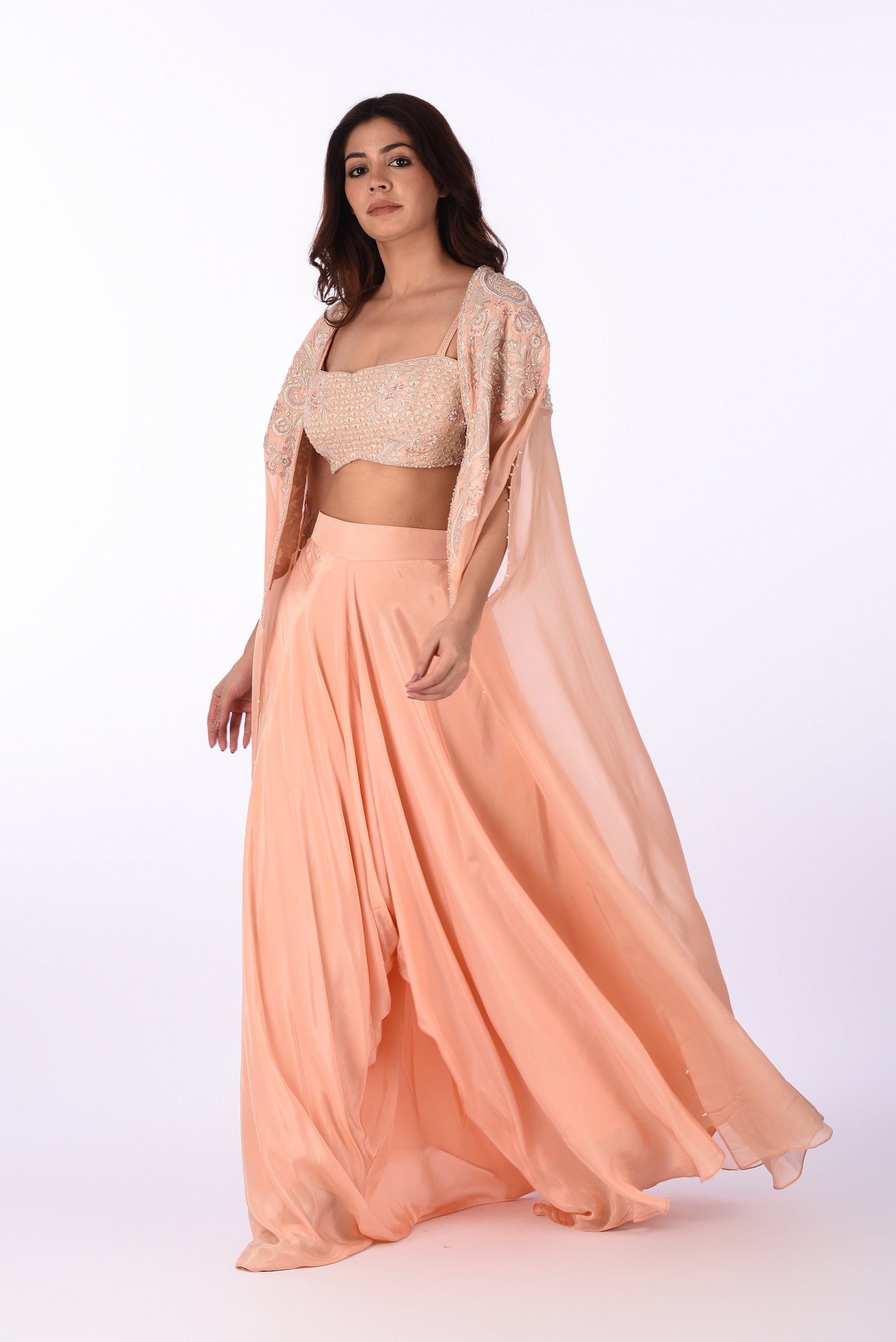 Peach Embellished Crop Top Skirt Set
