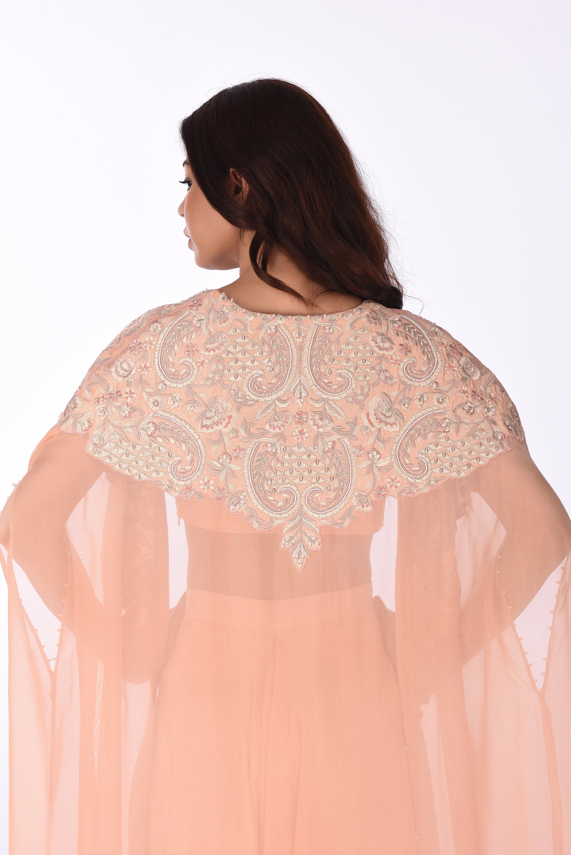 Peach Embellished Crop Top Skirt Set