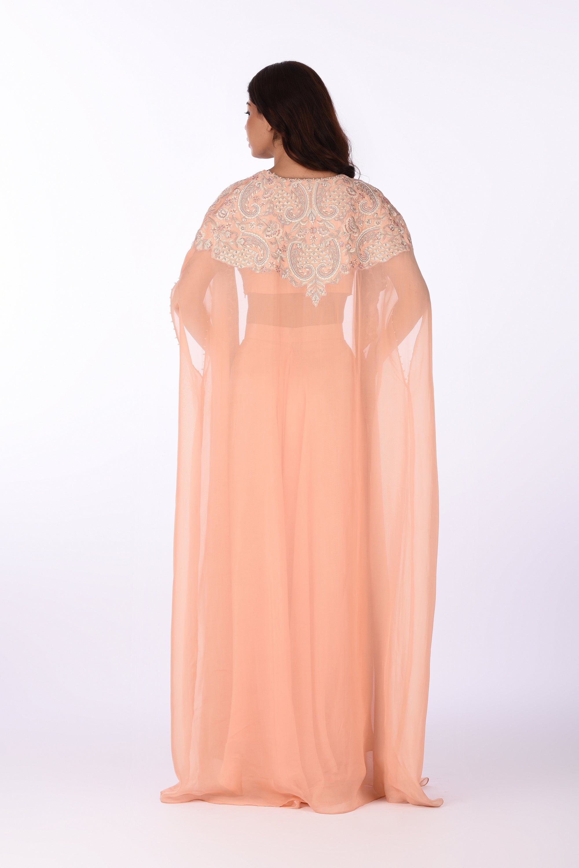 Peach Embellished Crop Top Skirt Set