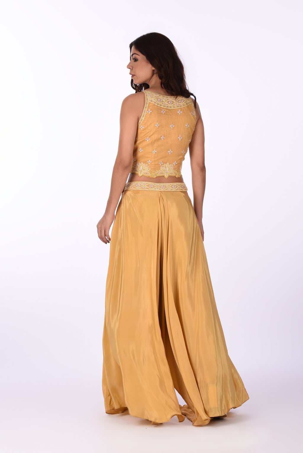 Mustard Yellow Embroidered Crop Top Set