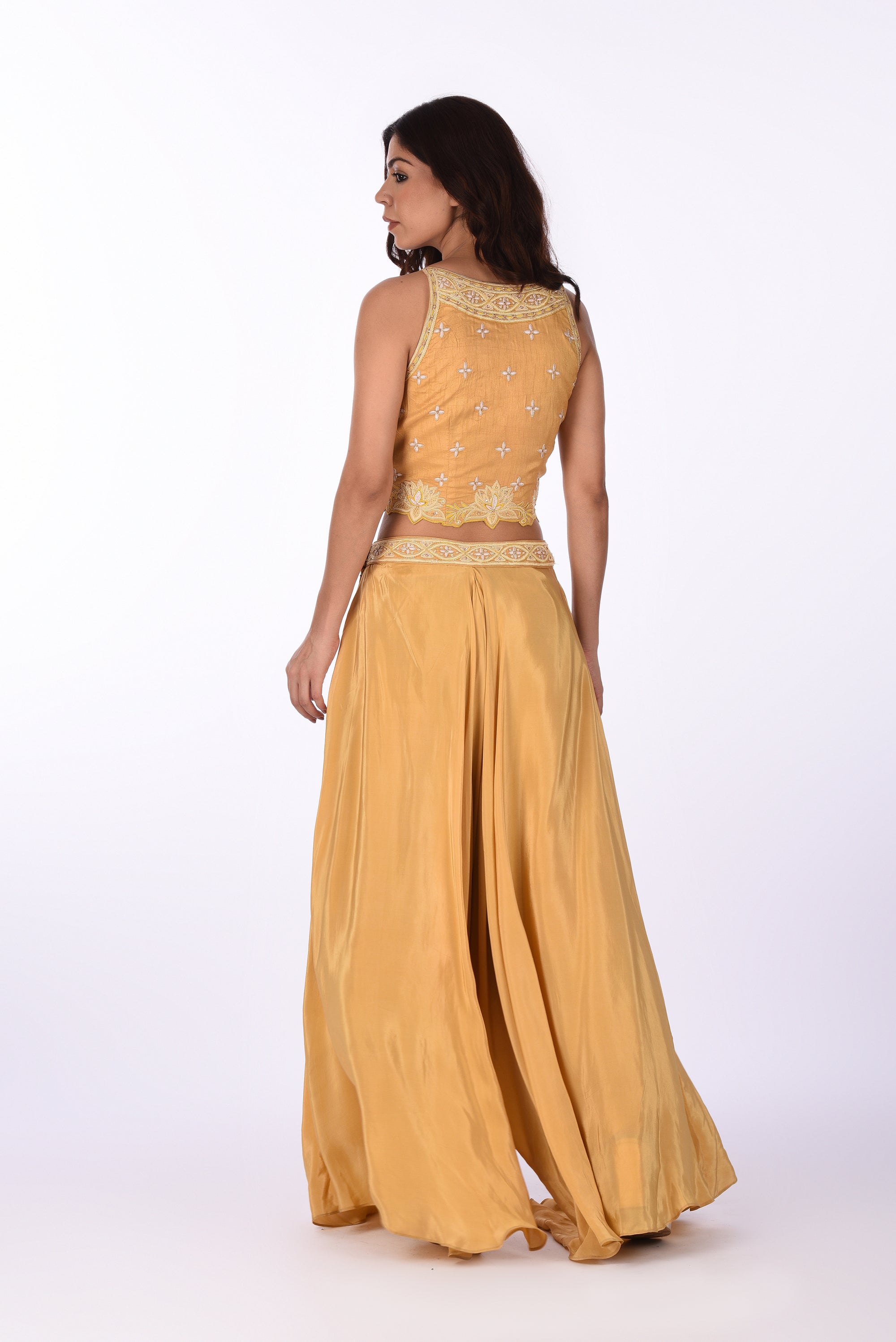 Mustard Yellow Embroidered Crop Top Set