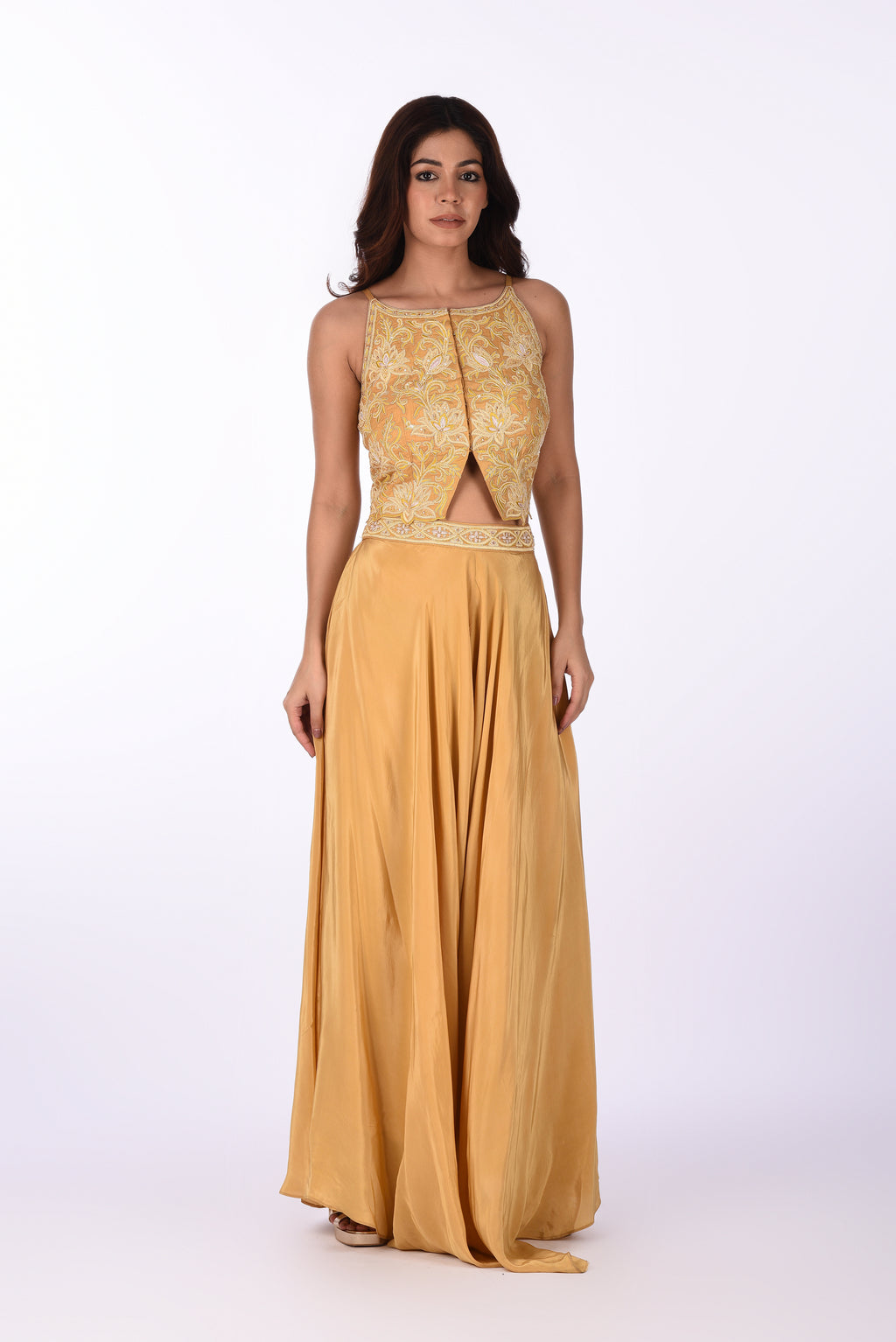 Mustard Yellow Embroidered Crop Top Set