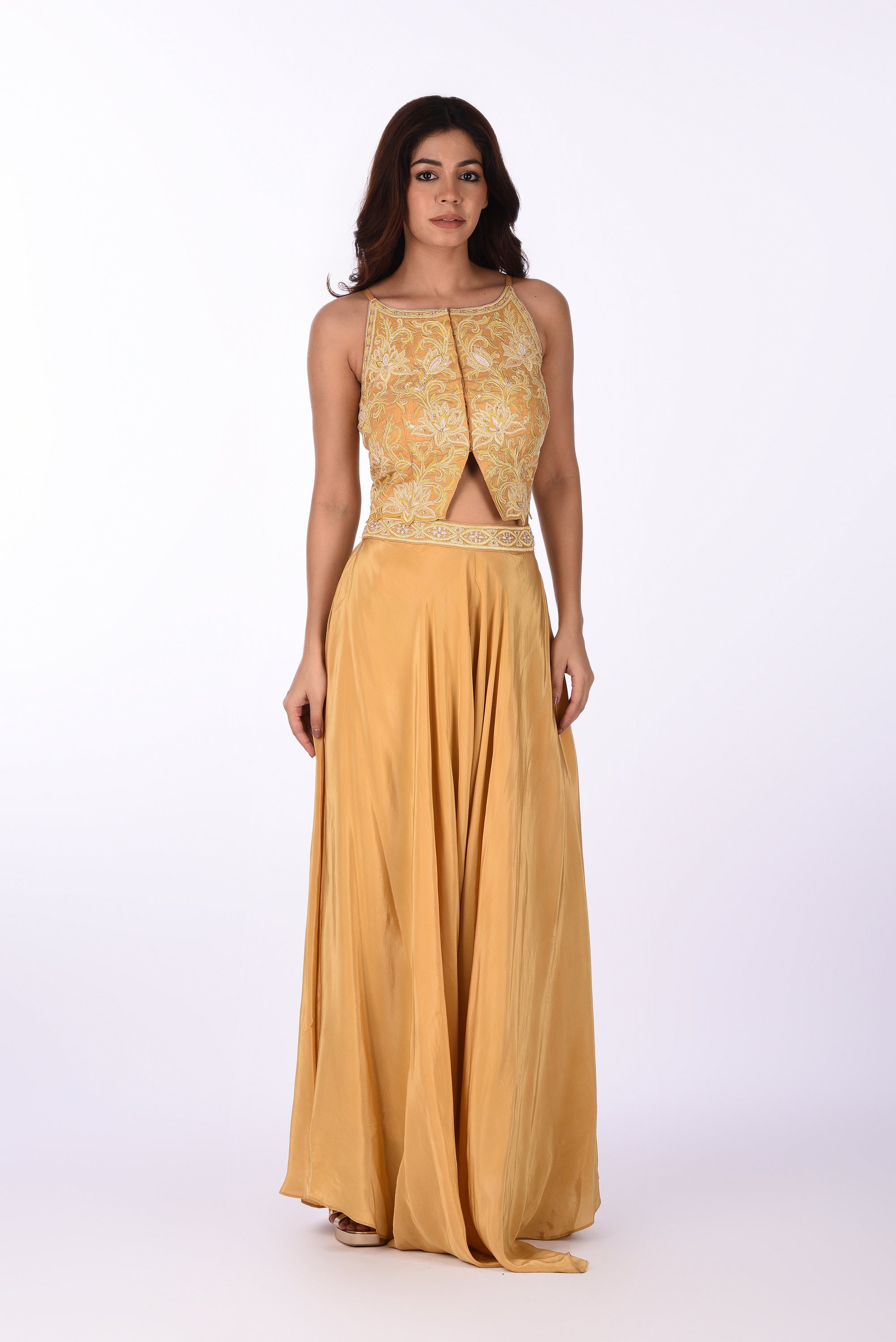 Mustard Yellow Embroidered Crop Top Set