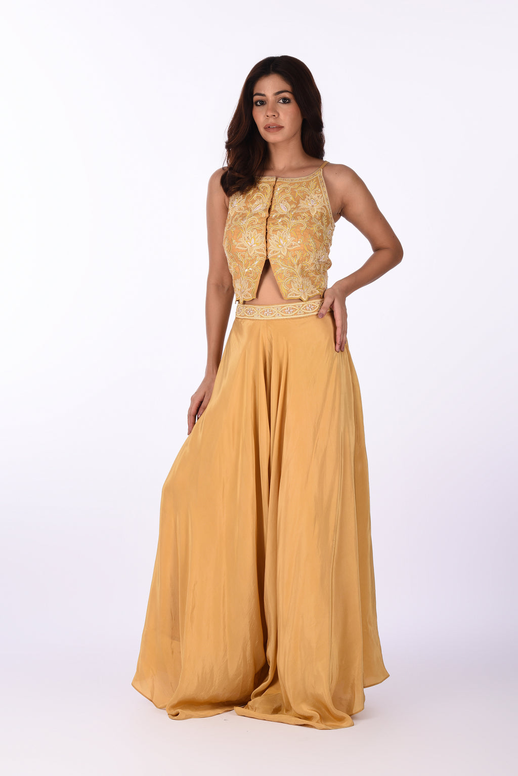 Mustard Yellow Embroidered Crop Top Set