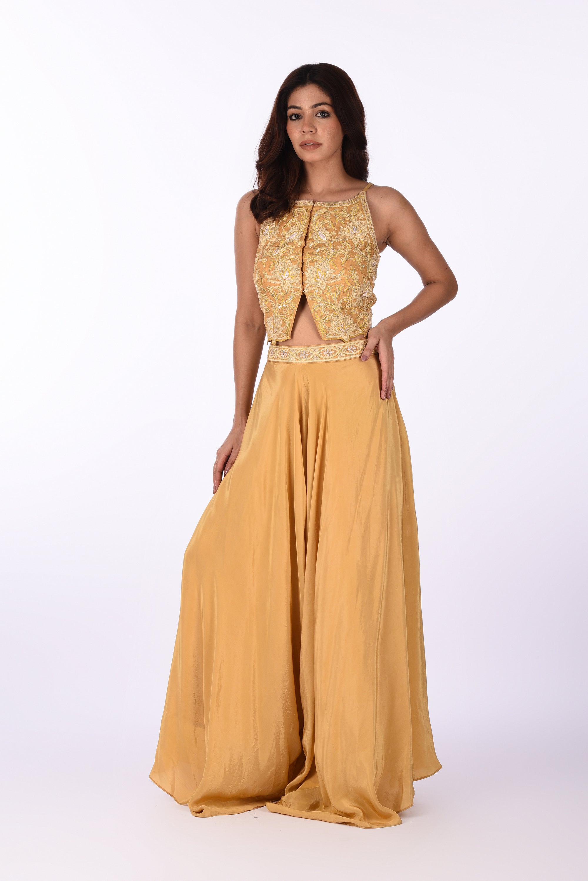 Mustard Yellow Embroidered Crop Top Set