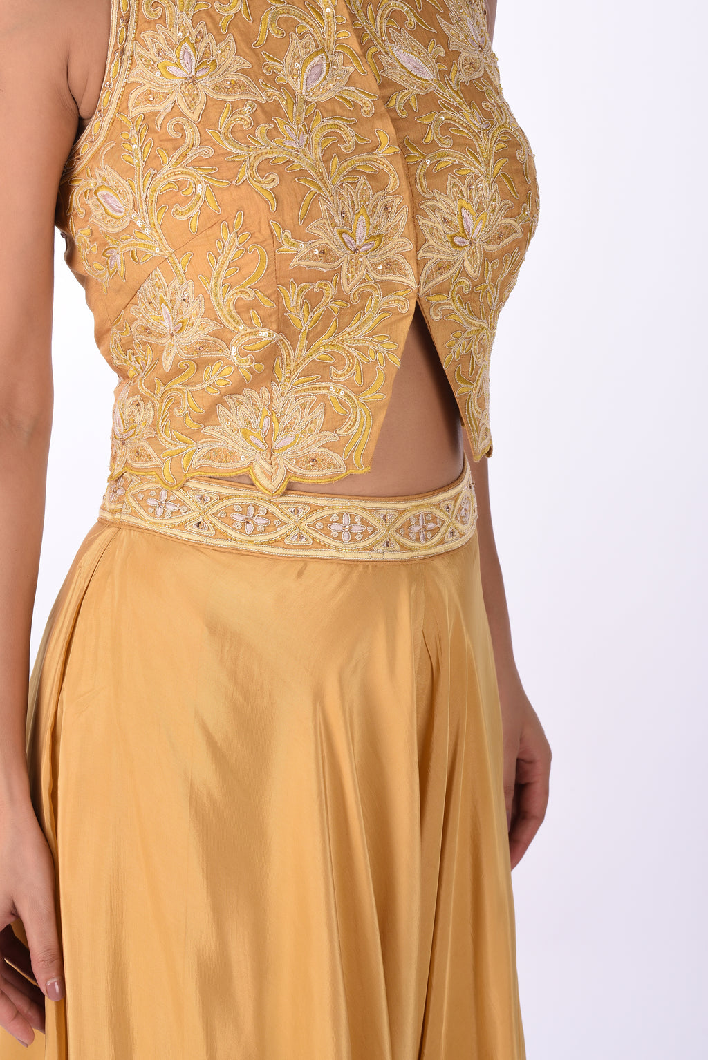 Mustard Yellow Embroidered Crop Top Set