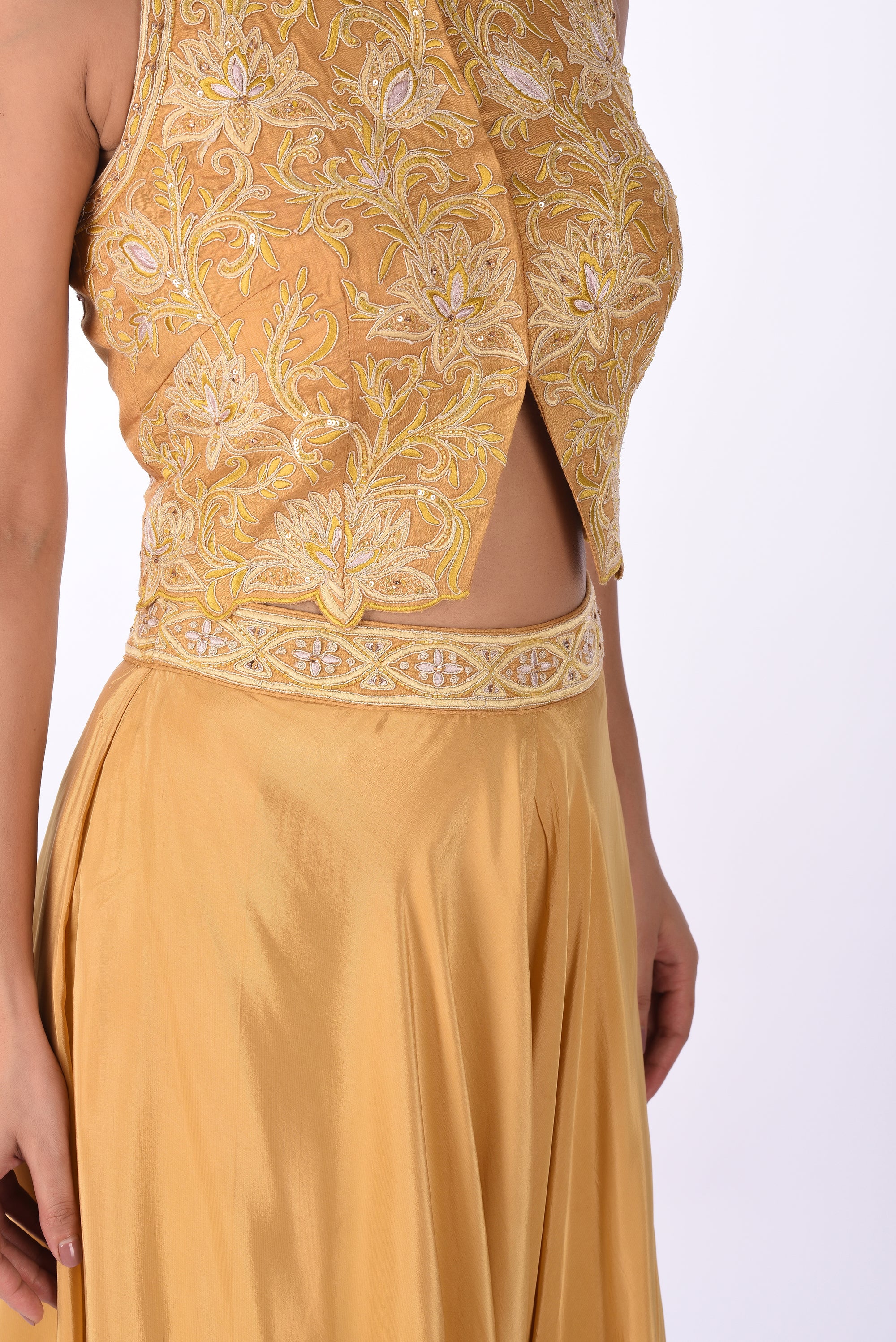 Mustard Yellow Embroidered Crop Top Set