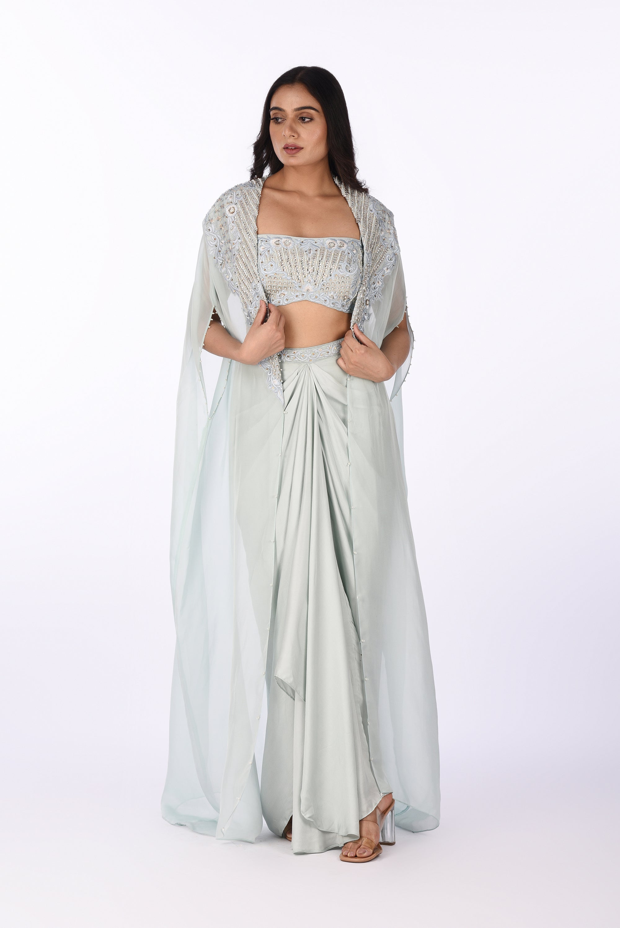 Icy Blue Cape Set with Draped Skirt