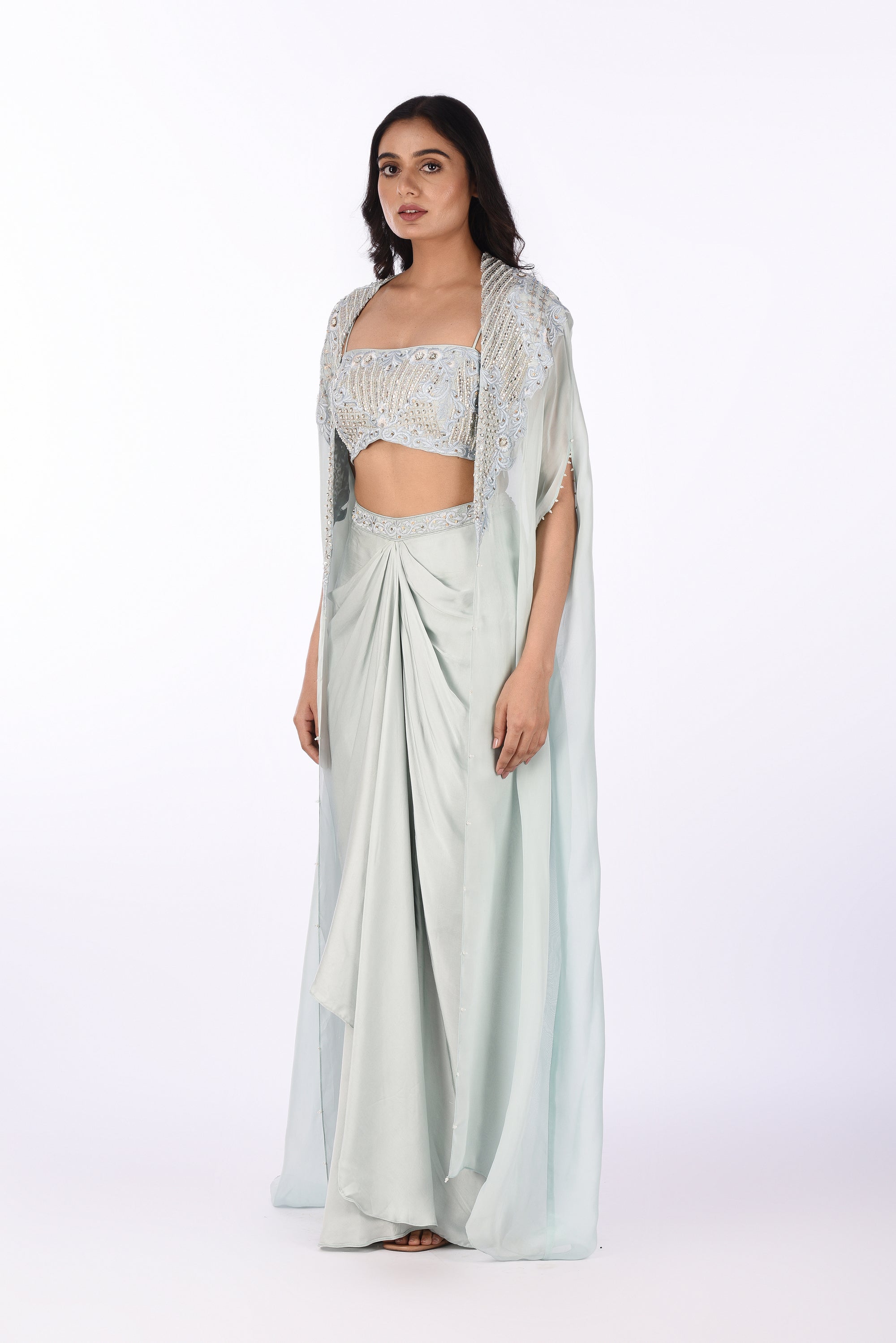Icy Blue Cape Set with Draped Skirt