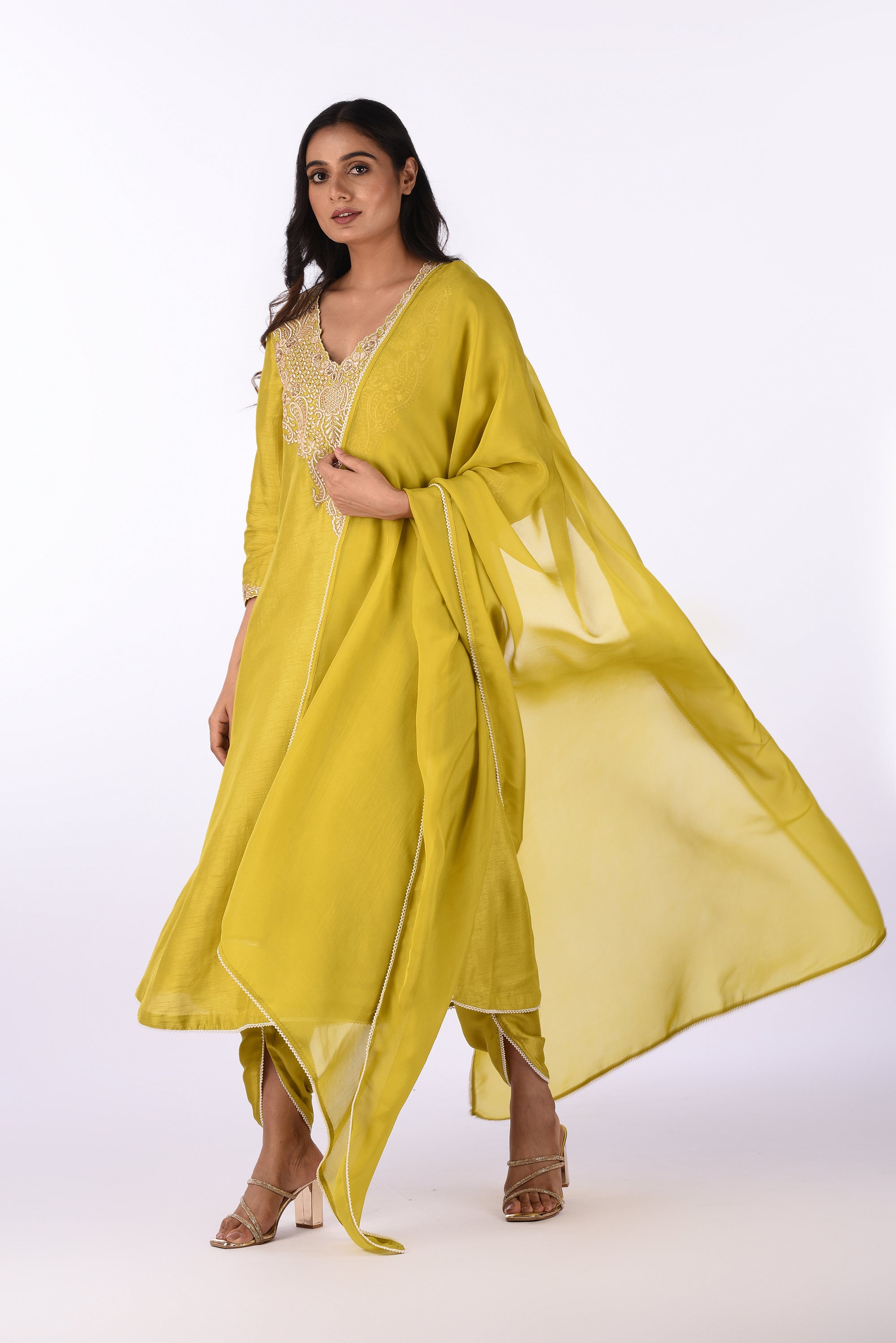 Lime Yellow Embroidered Kurta Set