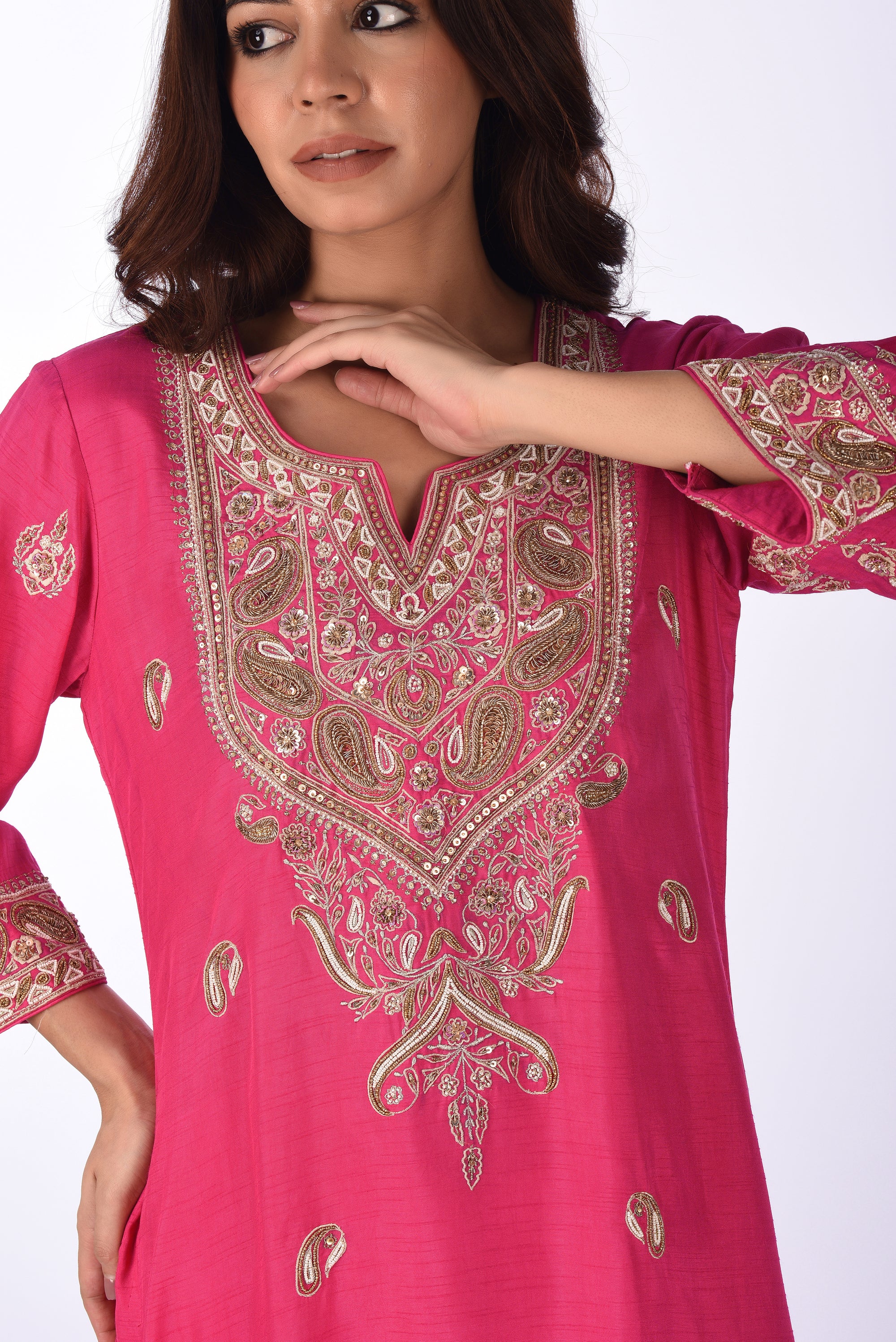 Fuchsia Pink Embroidered Kurta Set