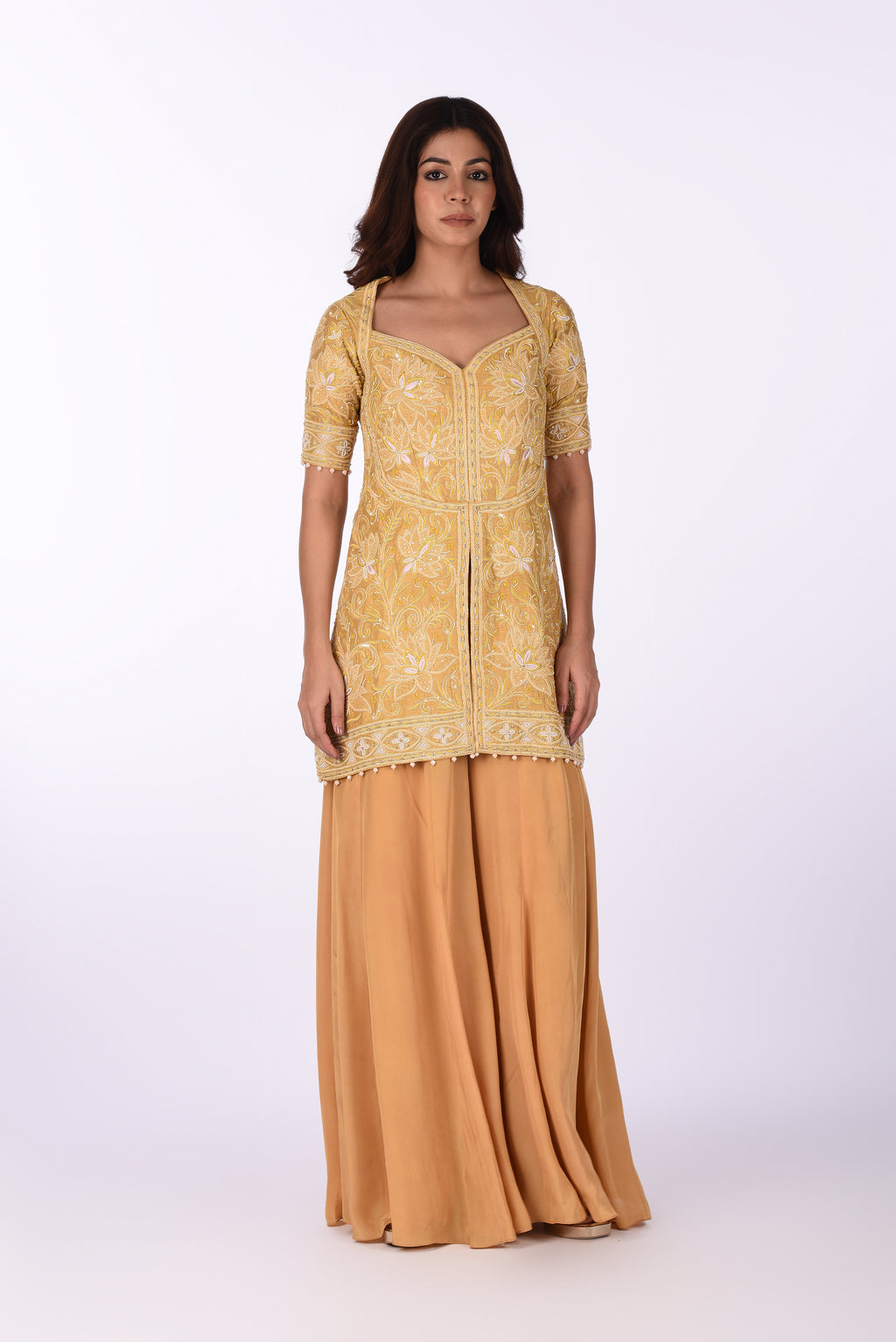Mustard Embroidered Peplum Kurta Set with Dupatta