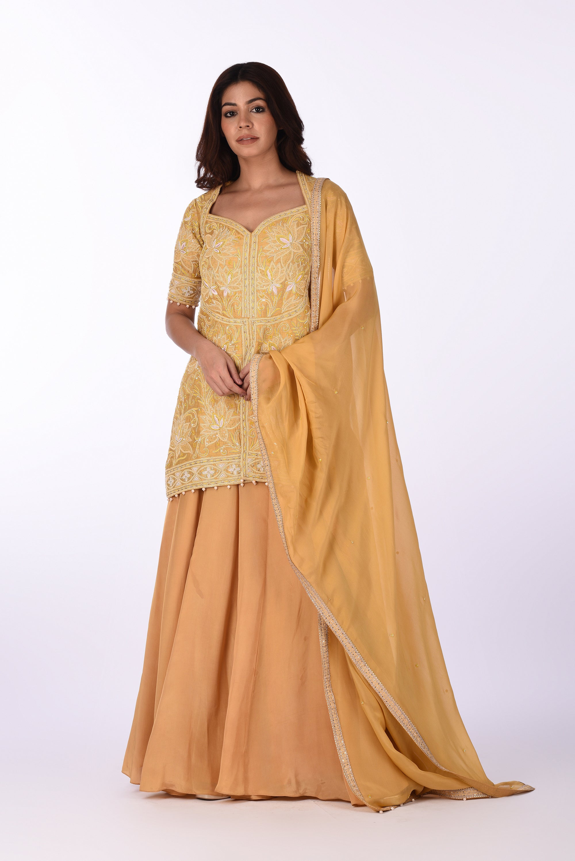 Mustard Embroidered Peplum Kurta Set with Dupatta