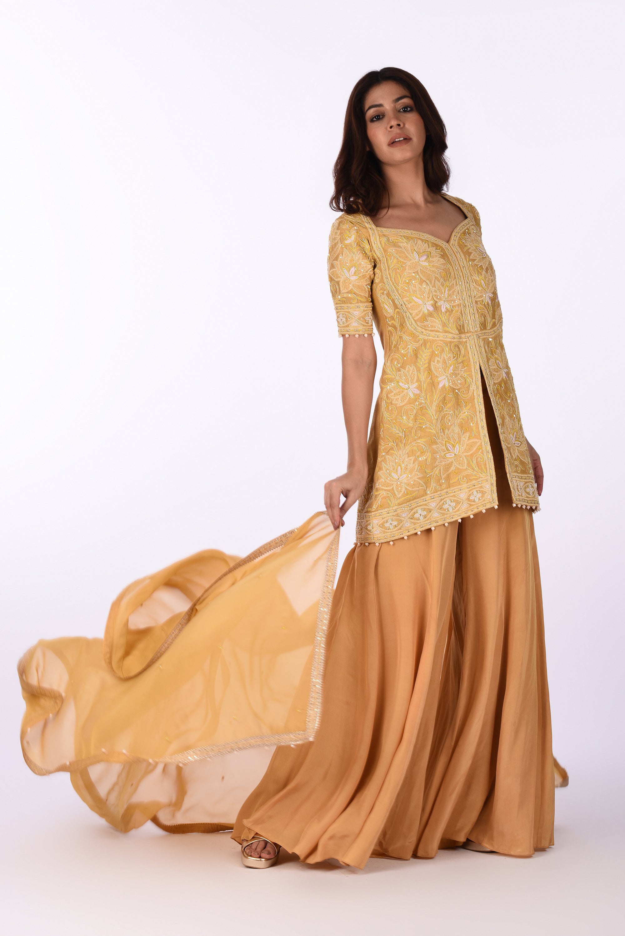Mustard Embroidered Peplum Kurta Set with Dupatta