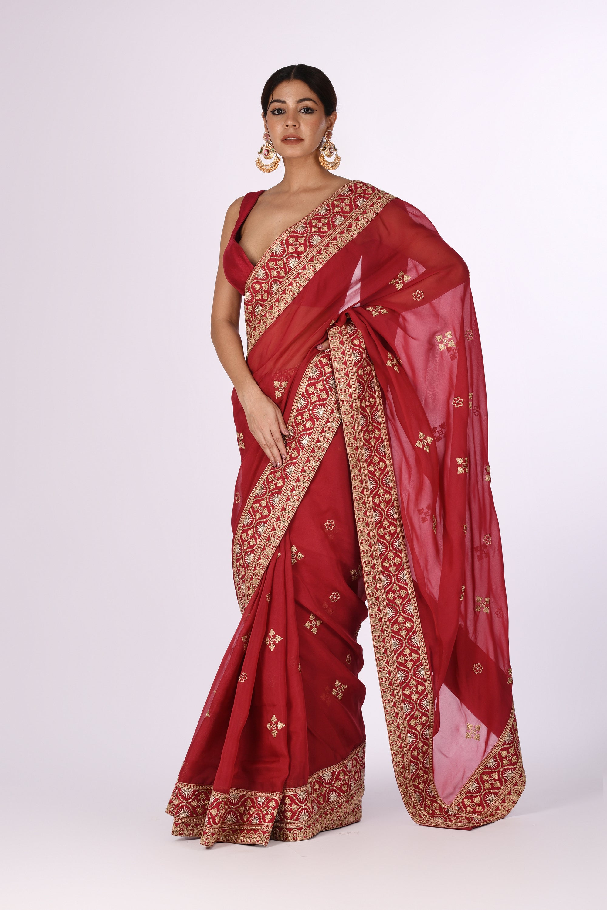 Maroon Organza Saree with Golden Embroidery & Broad Border