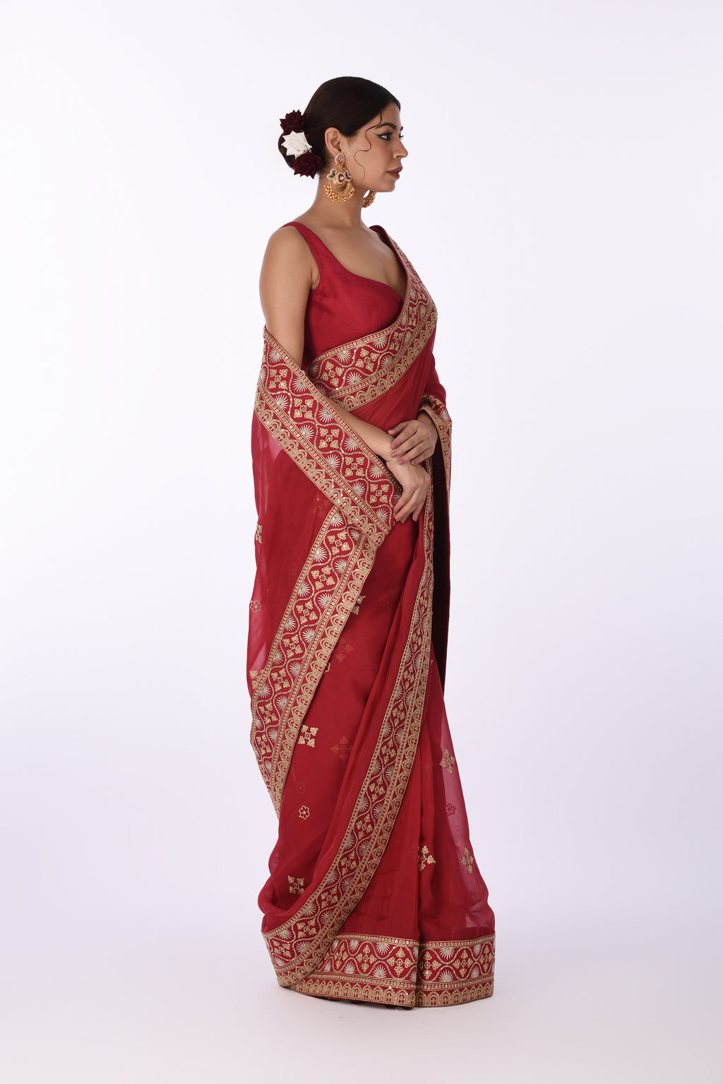 Maroon Organza Saree with Golden Embroidery & Broad Border