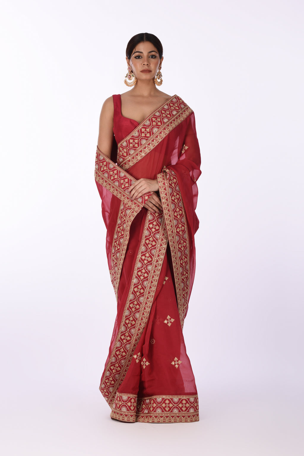 Maroon Organza Saree with Golden Embroidery & Broad Border