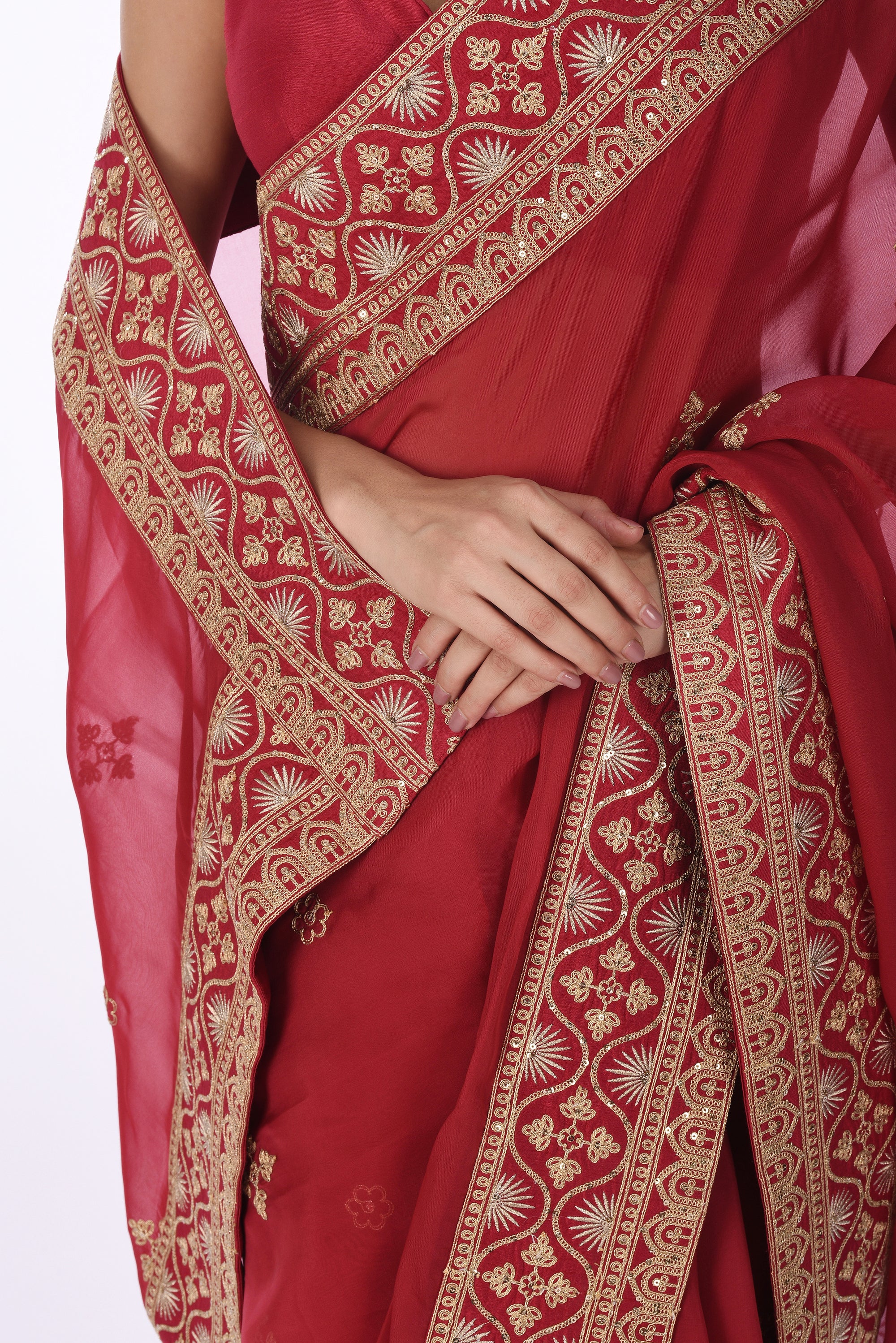 Maroon Organza Saree with Golden Embroidery & Broad Border