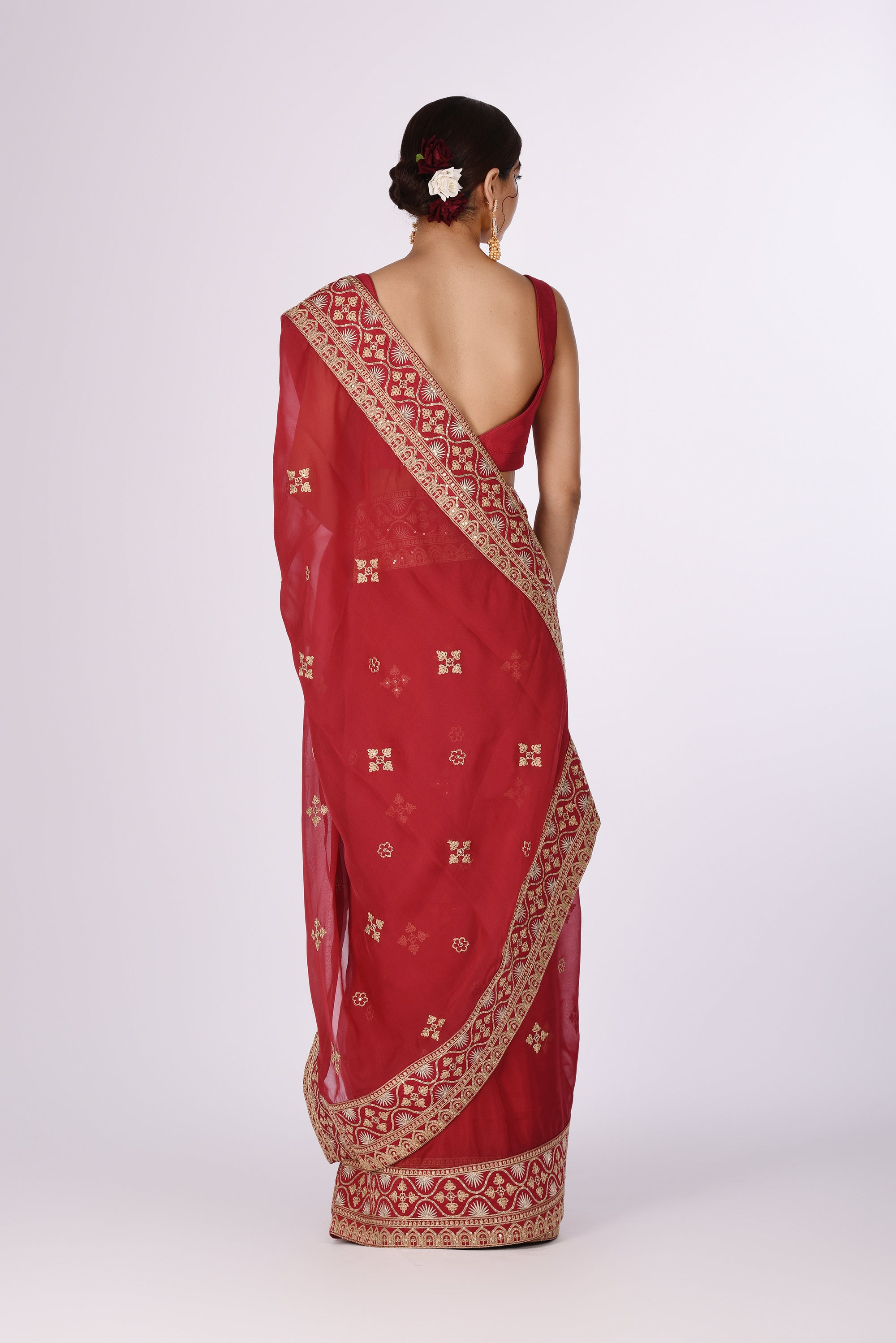 Maroon Organza Saree with Golden Embroidery & Broad Border