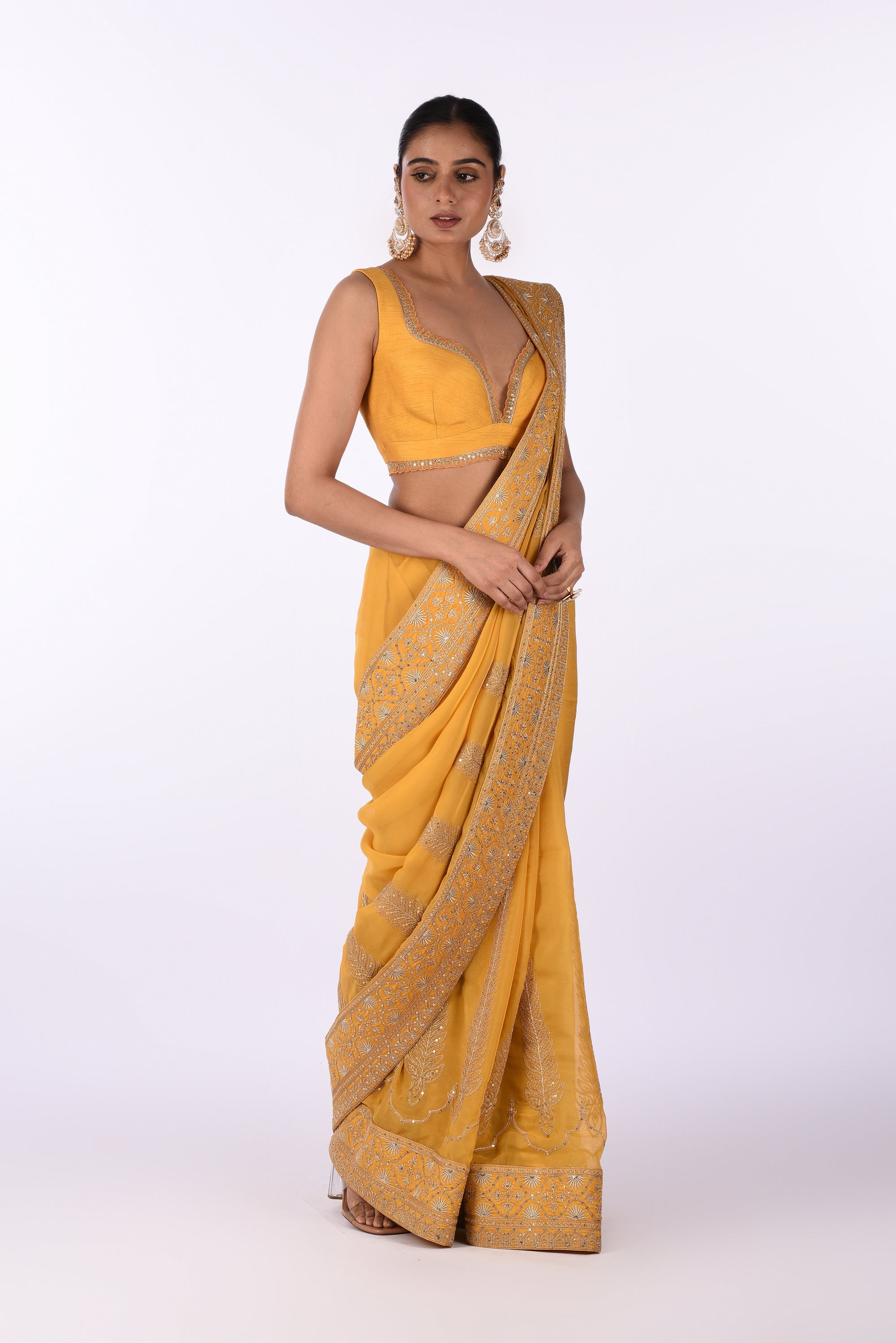 Mustard Yellow Georgette Saree with Silver Embroidered Borders