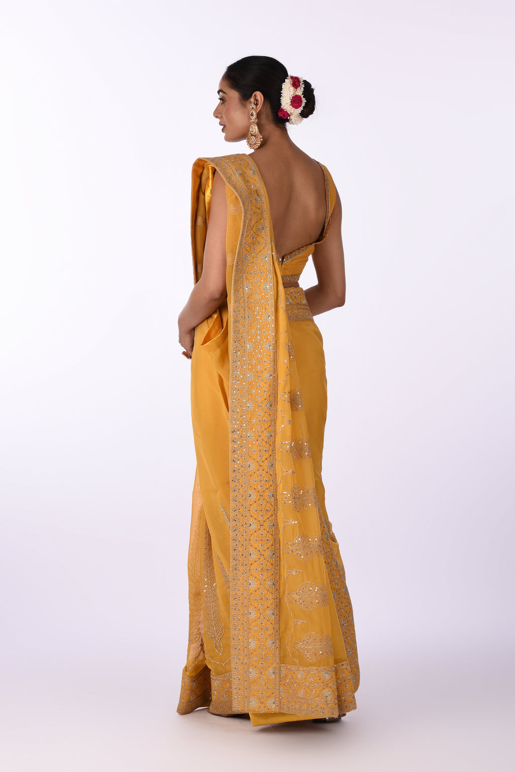 Mustard Yellow Georgette Saree with Silver Embroidered Borders