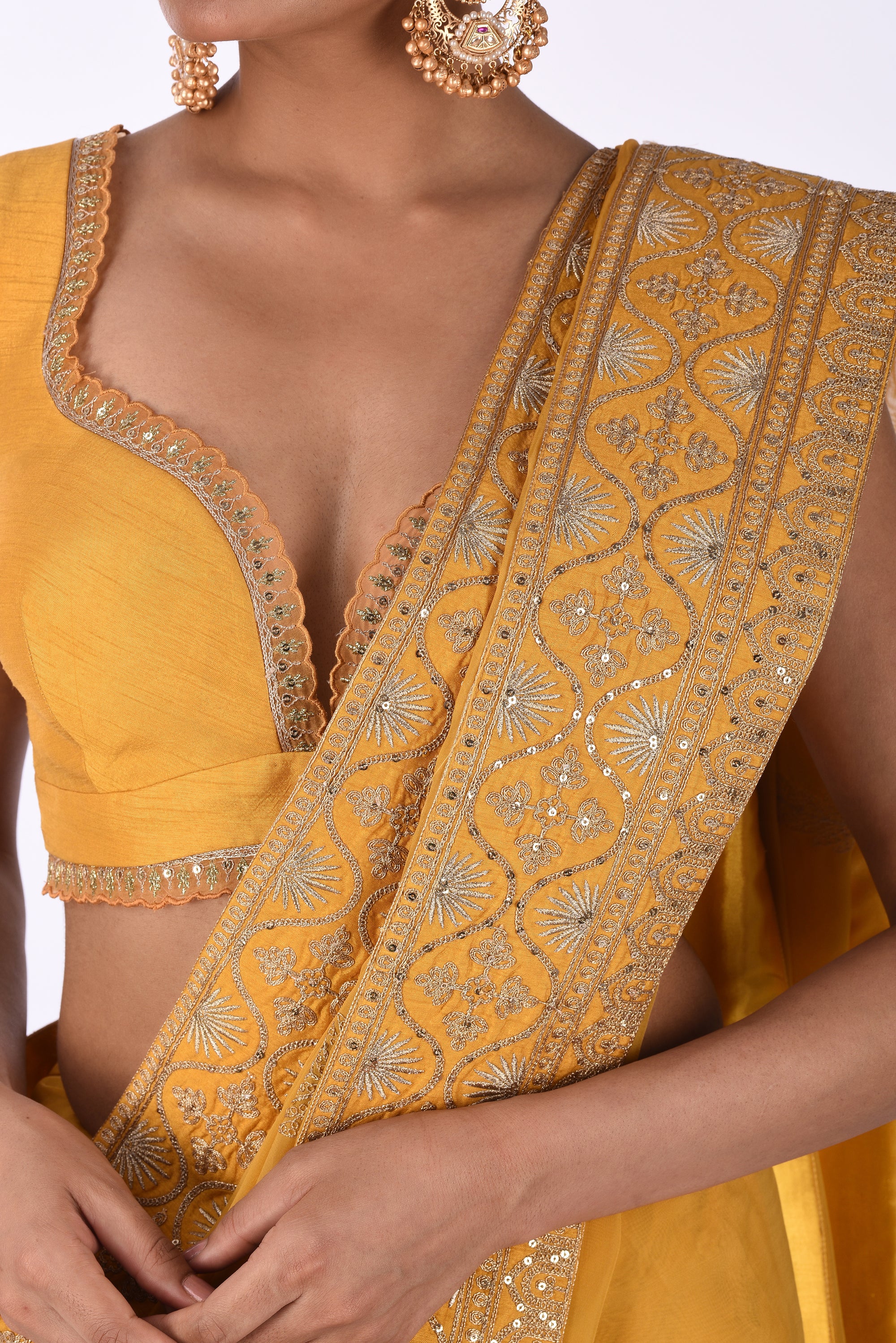 Mustard Yellow Georgette Saree with Silver Embroidered Borders