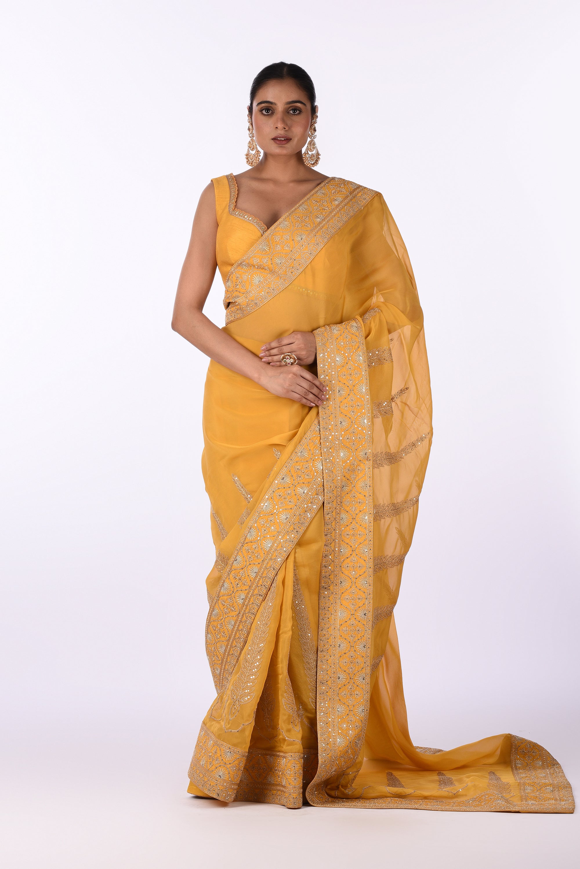 Mustard Yellow Georgette Saree with Silver Embroidered Borders