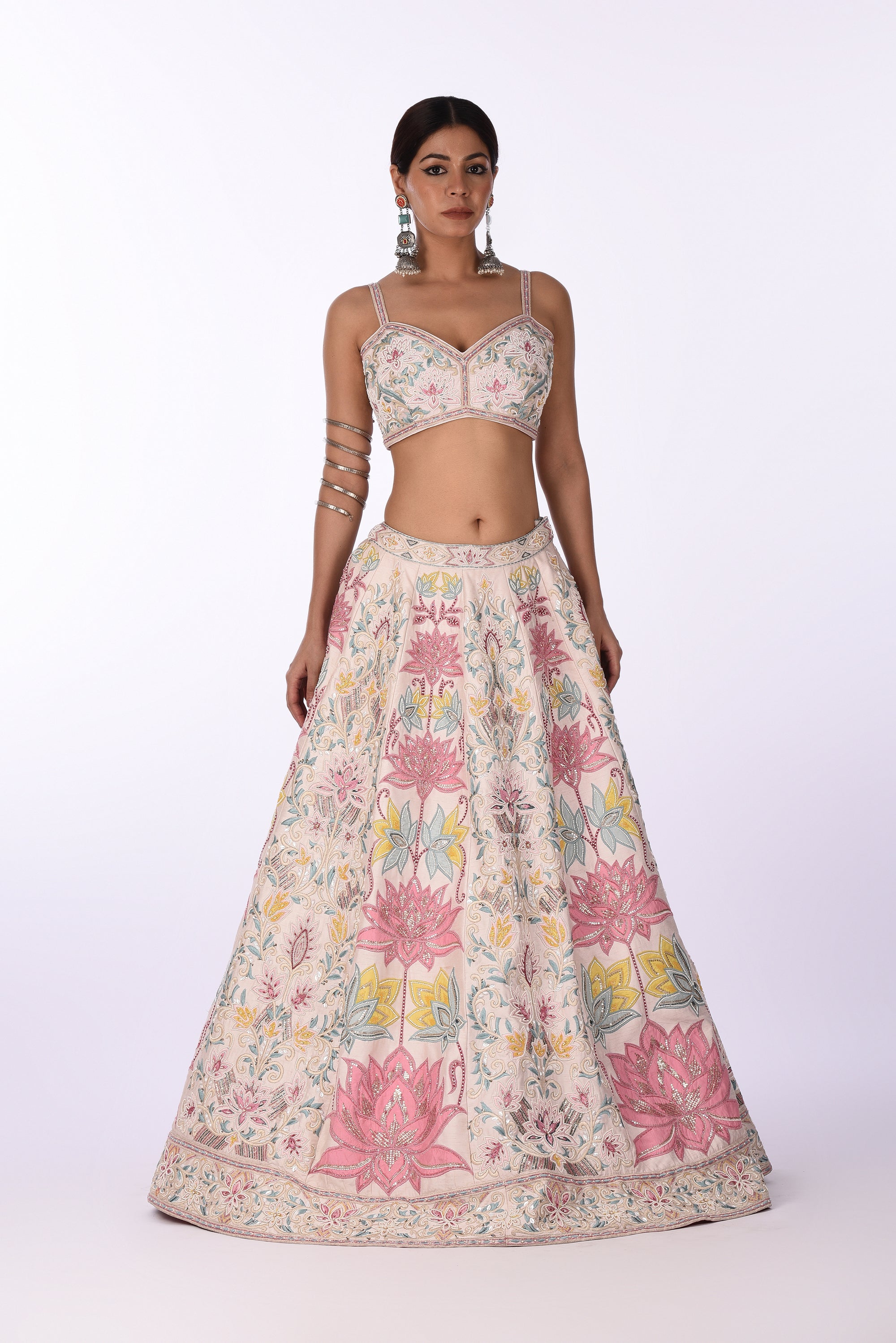 Ivory Pink Multicolor Lotus Embroidered Lehenga with Net Dupatta