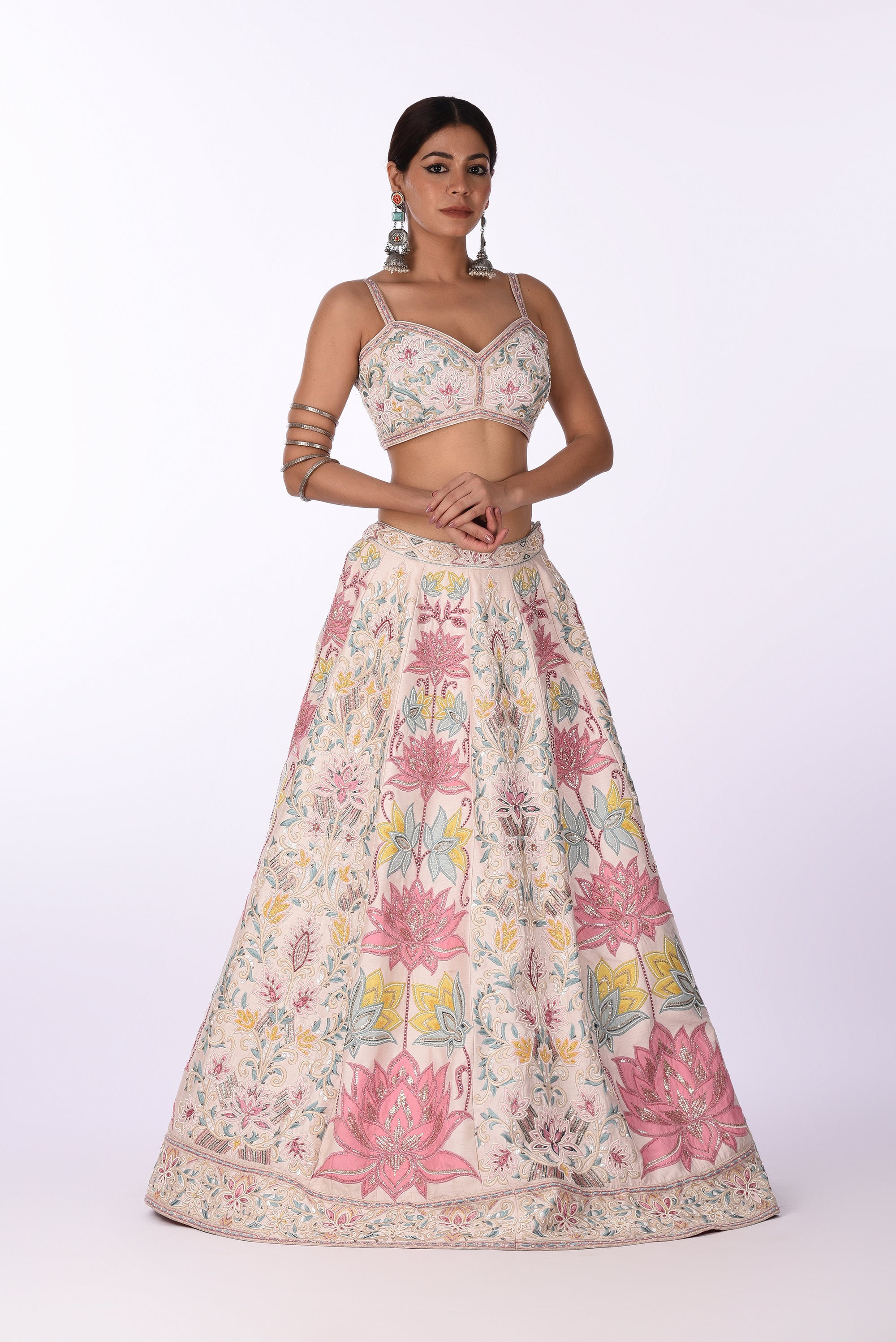 Ivory Pink Multicolor Lotus Embroidered Lehenga with Net Dupatta