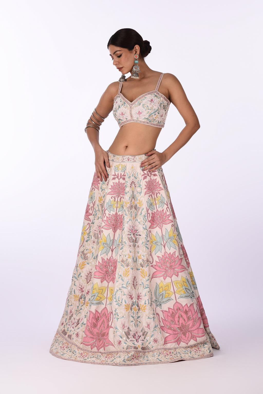 Ivory Pink Multicolor Lotus Embroidered Lehenga with Net Dupatta
