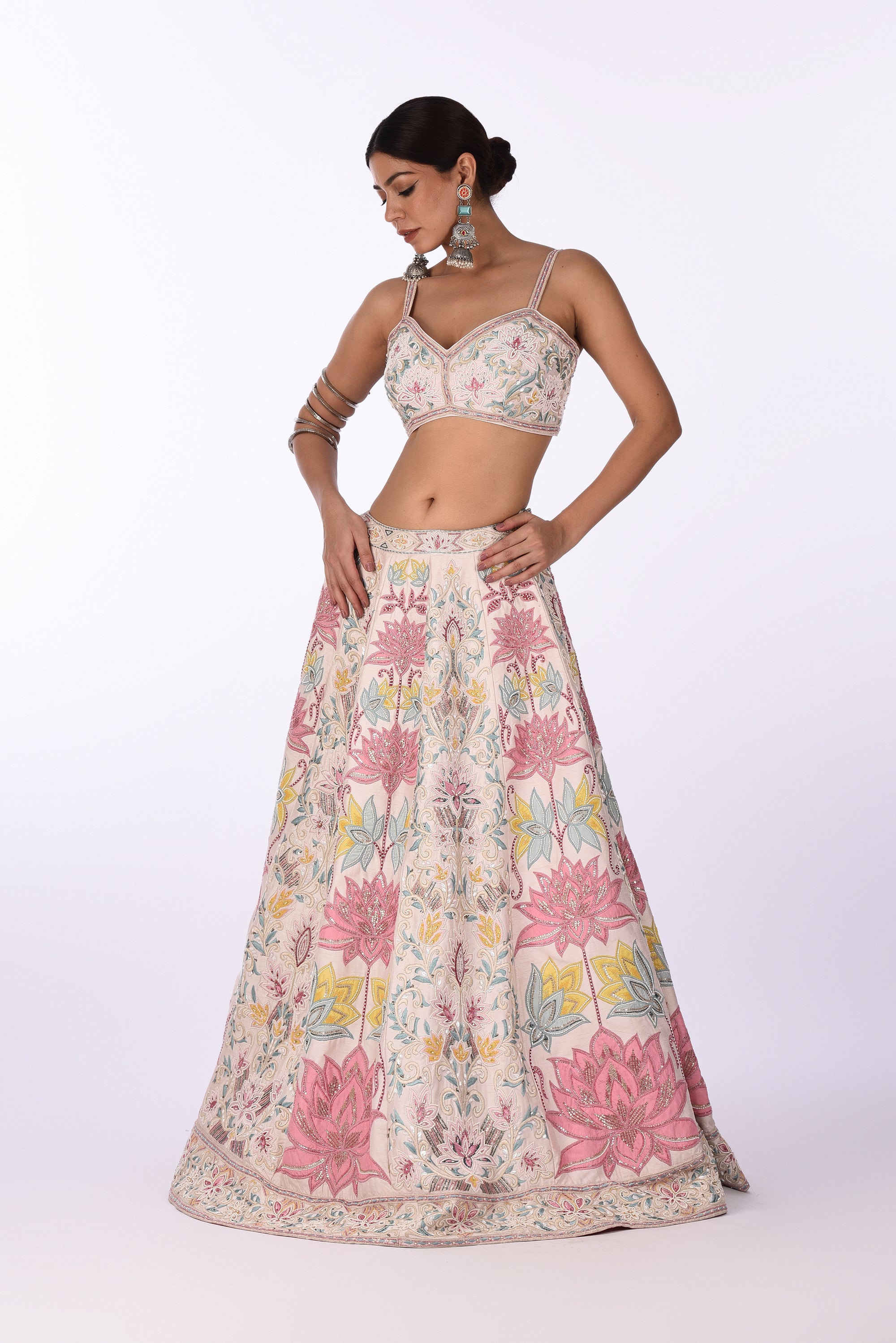 Ivory Pink Multicolor Lotus Embroidered Lehenga with Net Dupatta