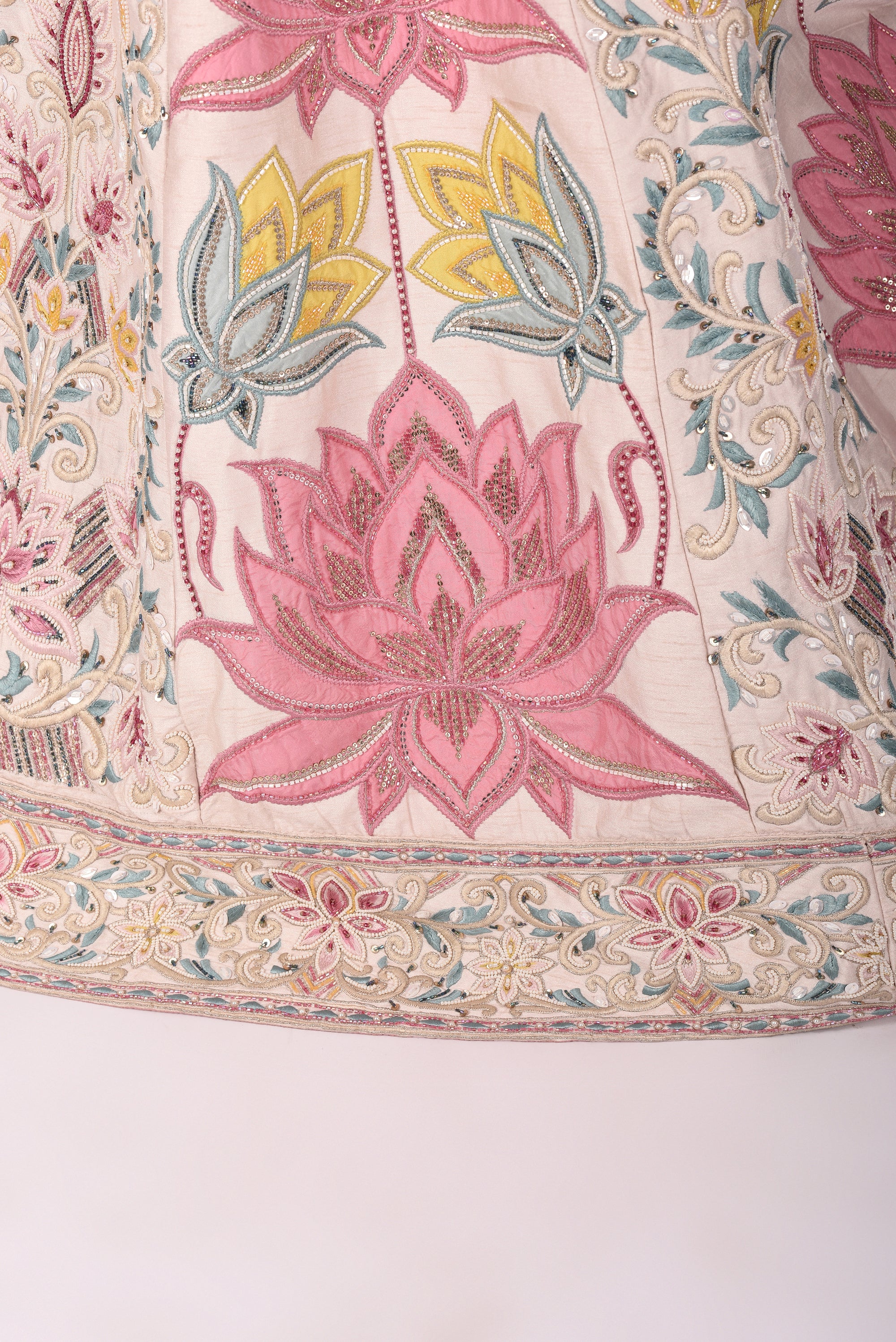 Ivory Pink Multicolor Lotus Embroidered Lehenga with Net Dupatta