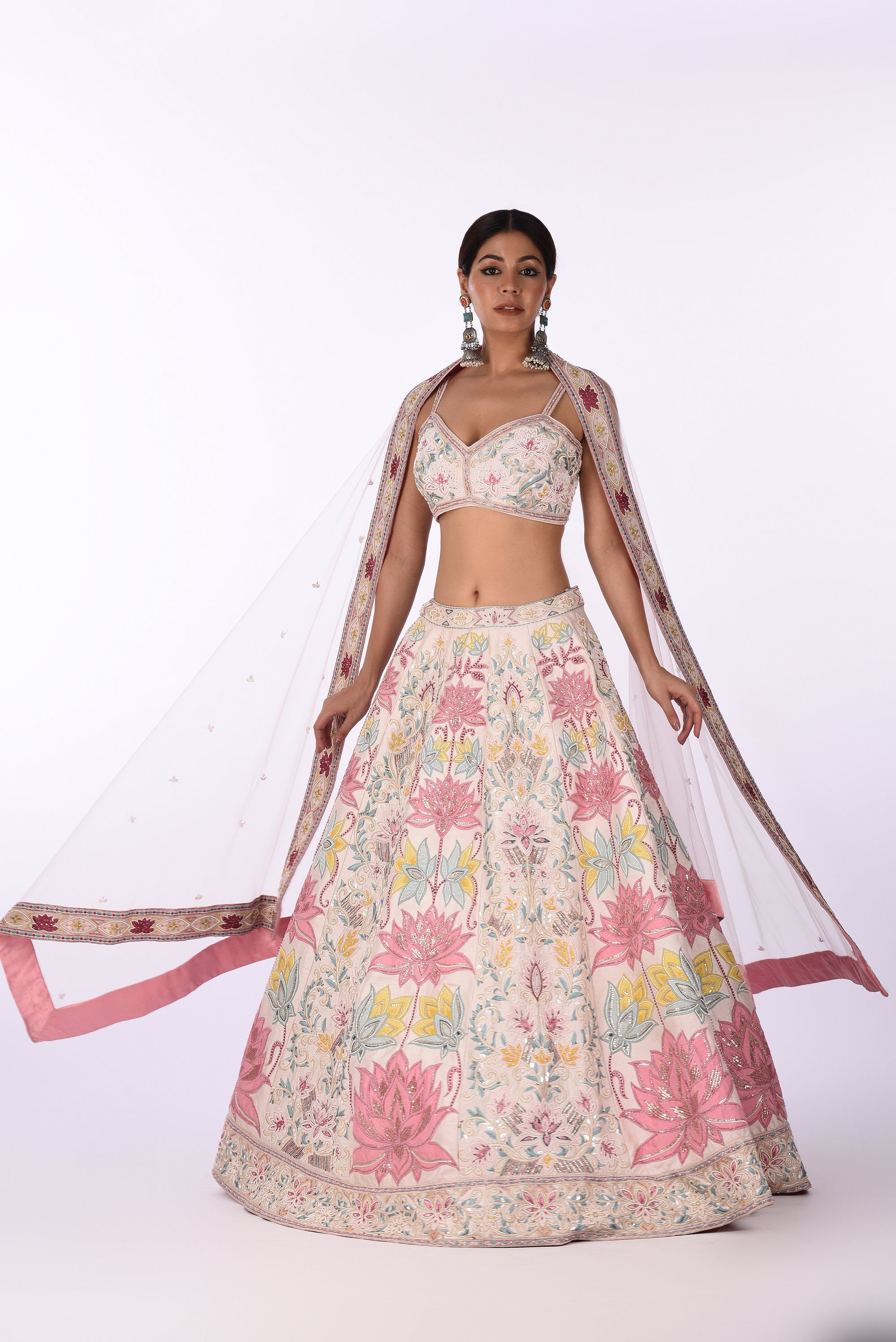 Ivory Pink Multicolor Lotus Embroidered Lehenga with Net Dupatta