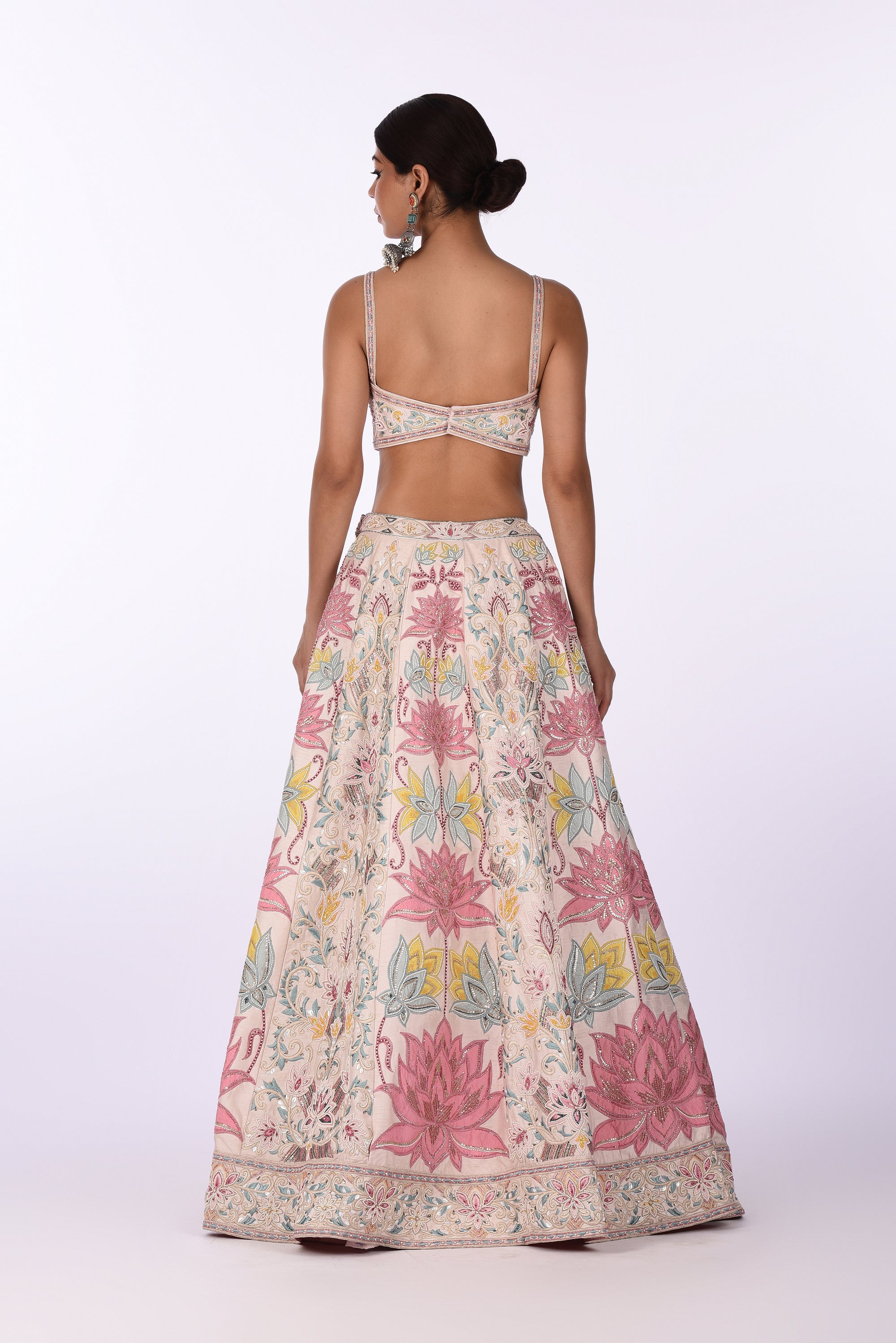 Ivory Pink Multicolor Lotus Embroidered Lehenga with Net Dupatta