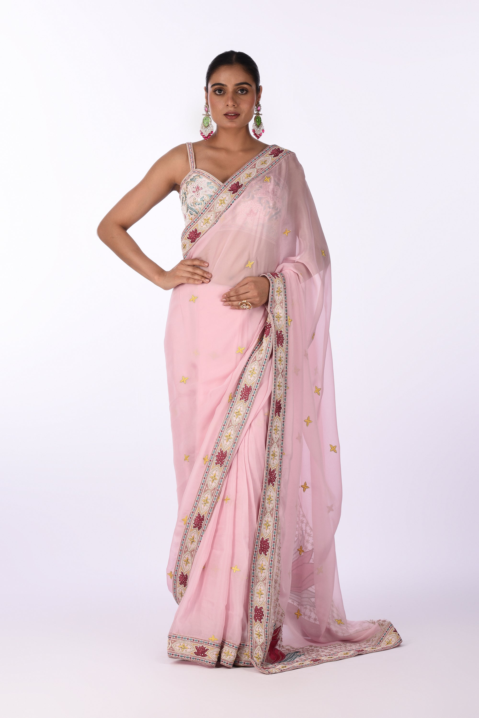Pastel Pink Embroidered Organza Saree