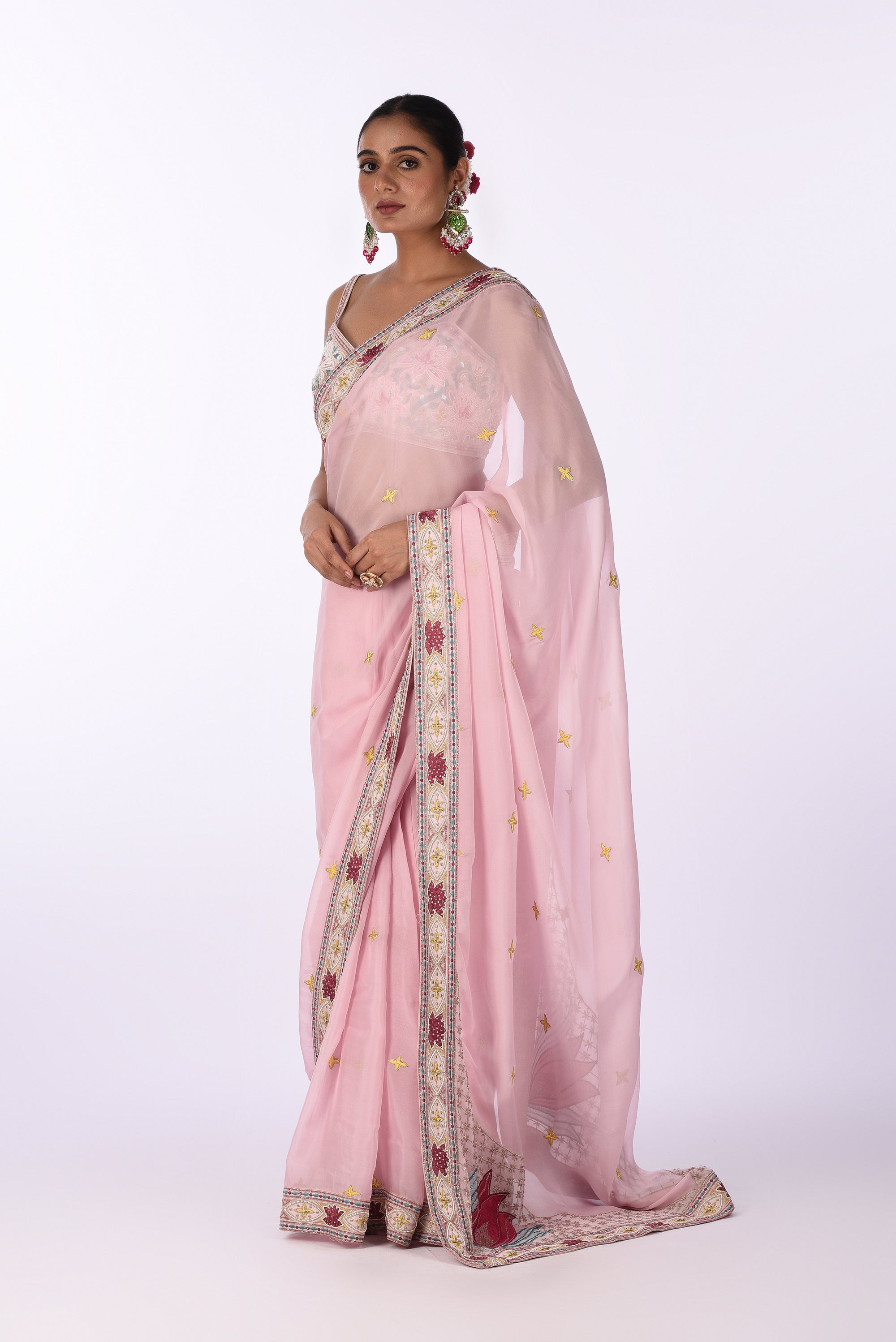 Pastel Pink Embroidered Organza Saree