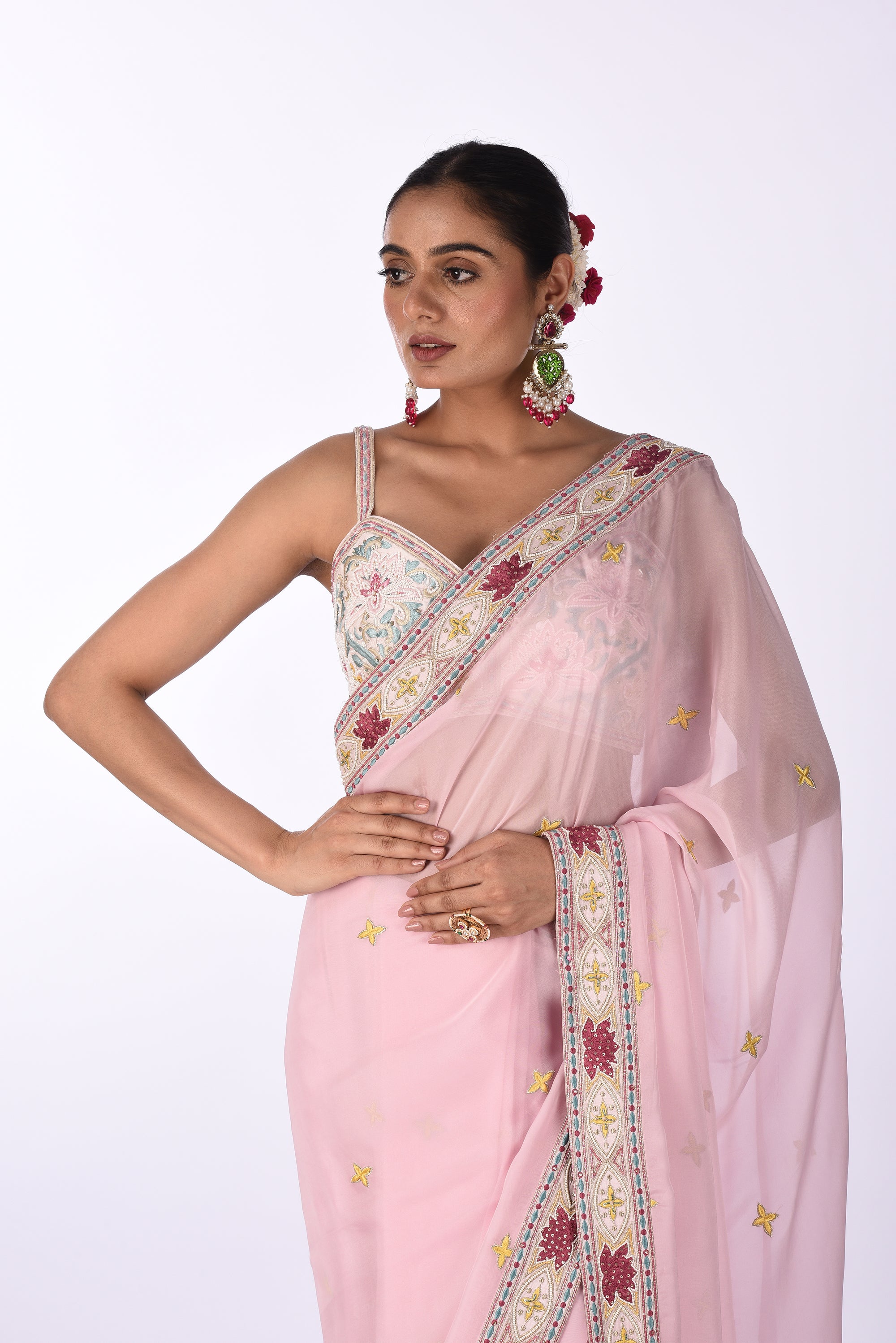 Pastel Pink Embroidered Organza Saree