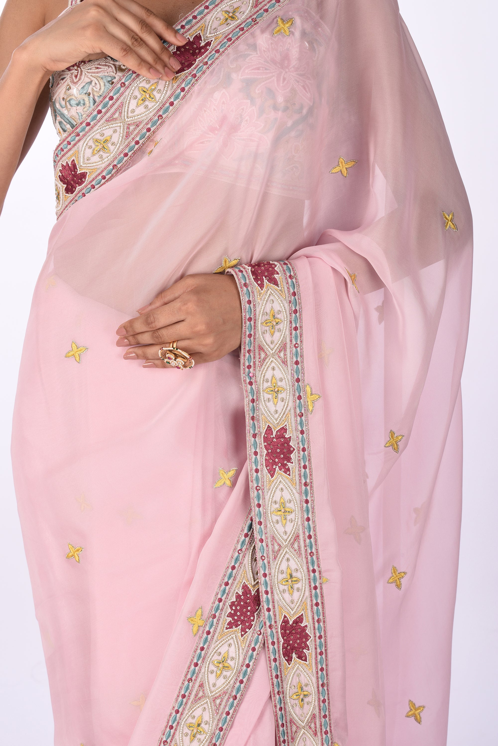 Pastel Pink Embroidered Organza Saree