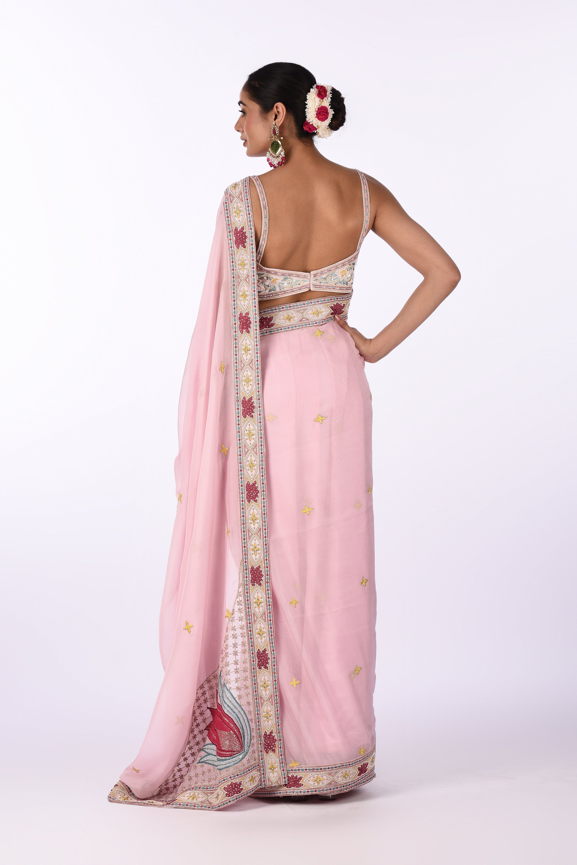 Pastel Pink Embroidered Organza Saree