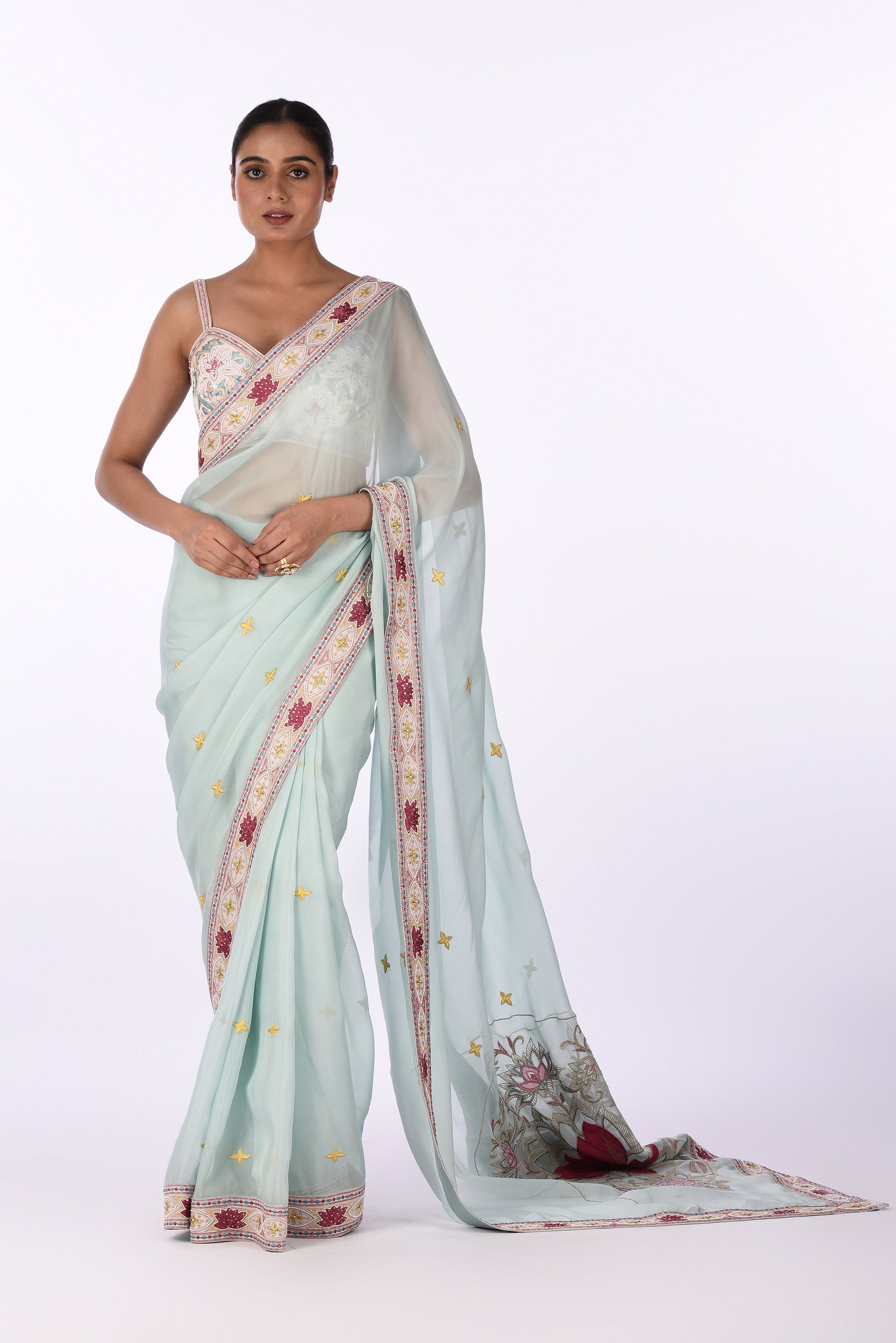 Sky Blue Embroidered Organza Saree