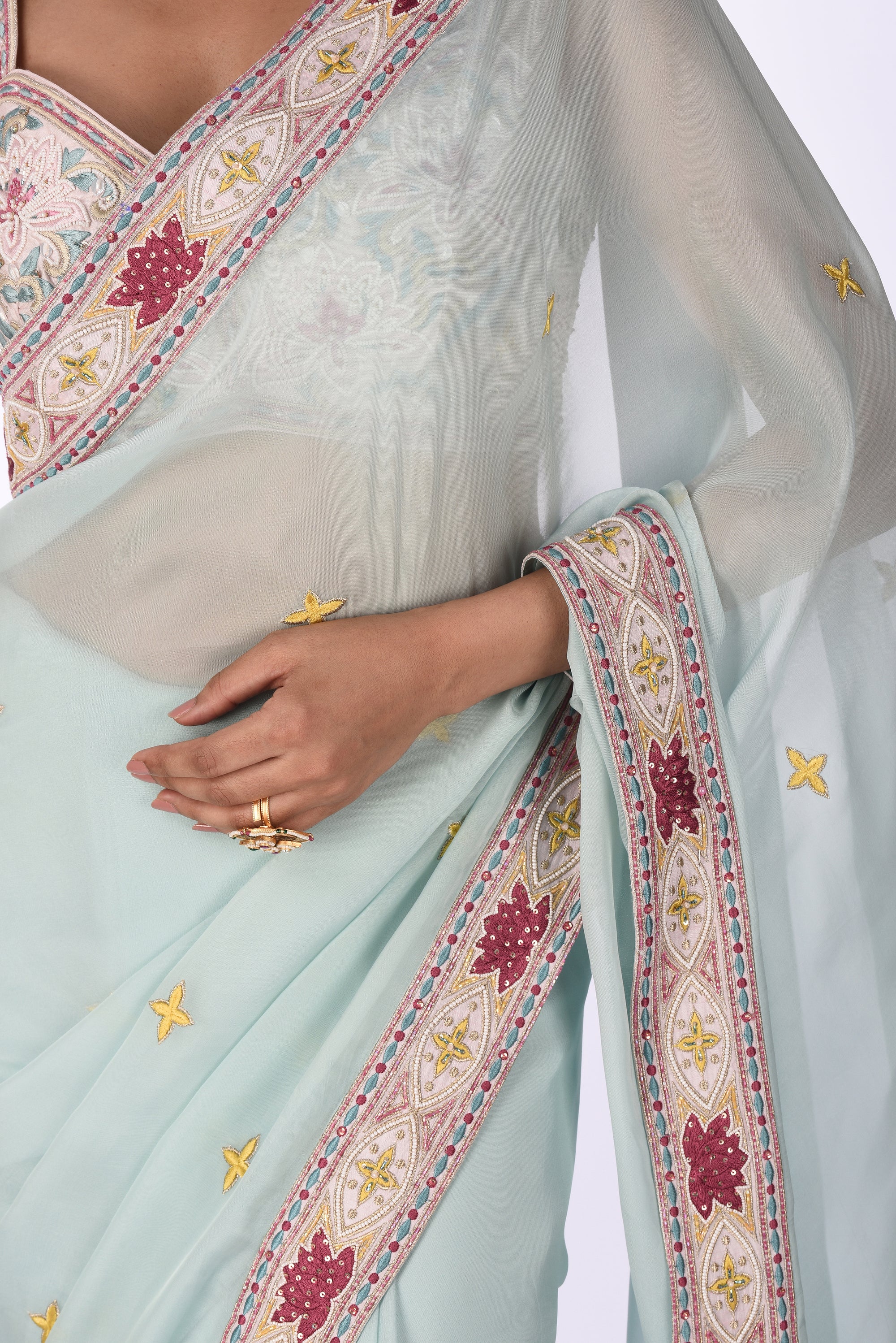 Sky Blue Embroidered Organza Saree
